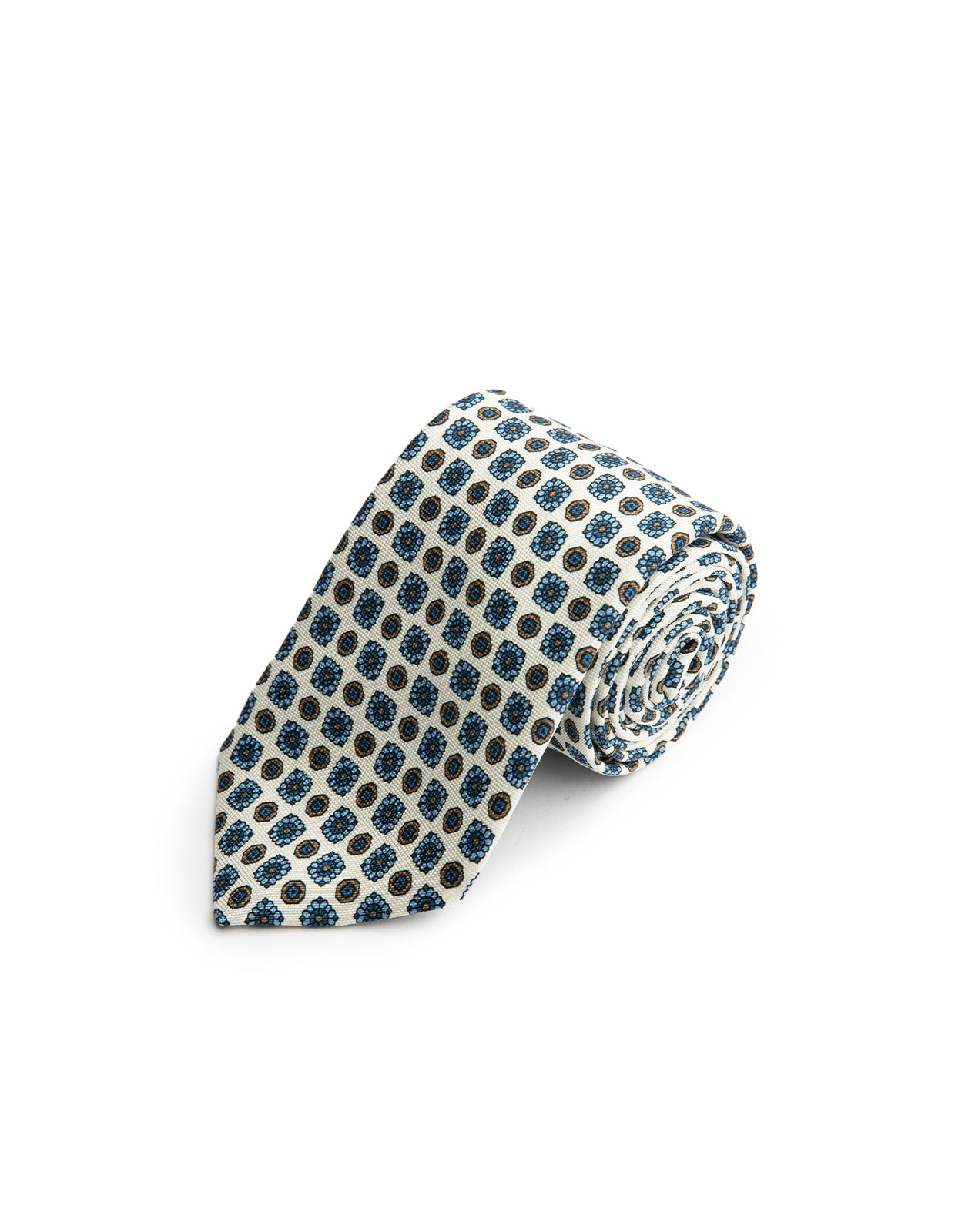 Printed Silk Tie Lined White/Blue Flowers