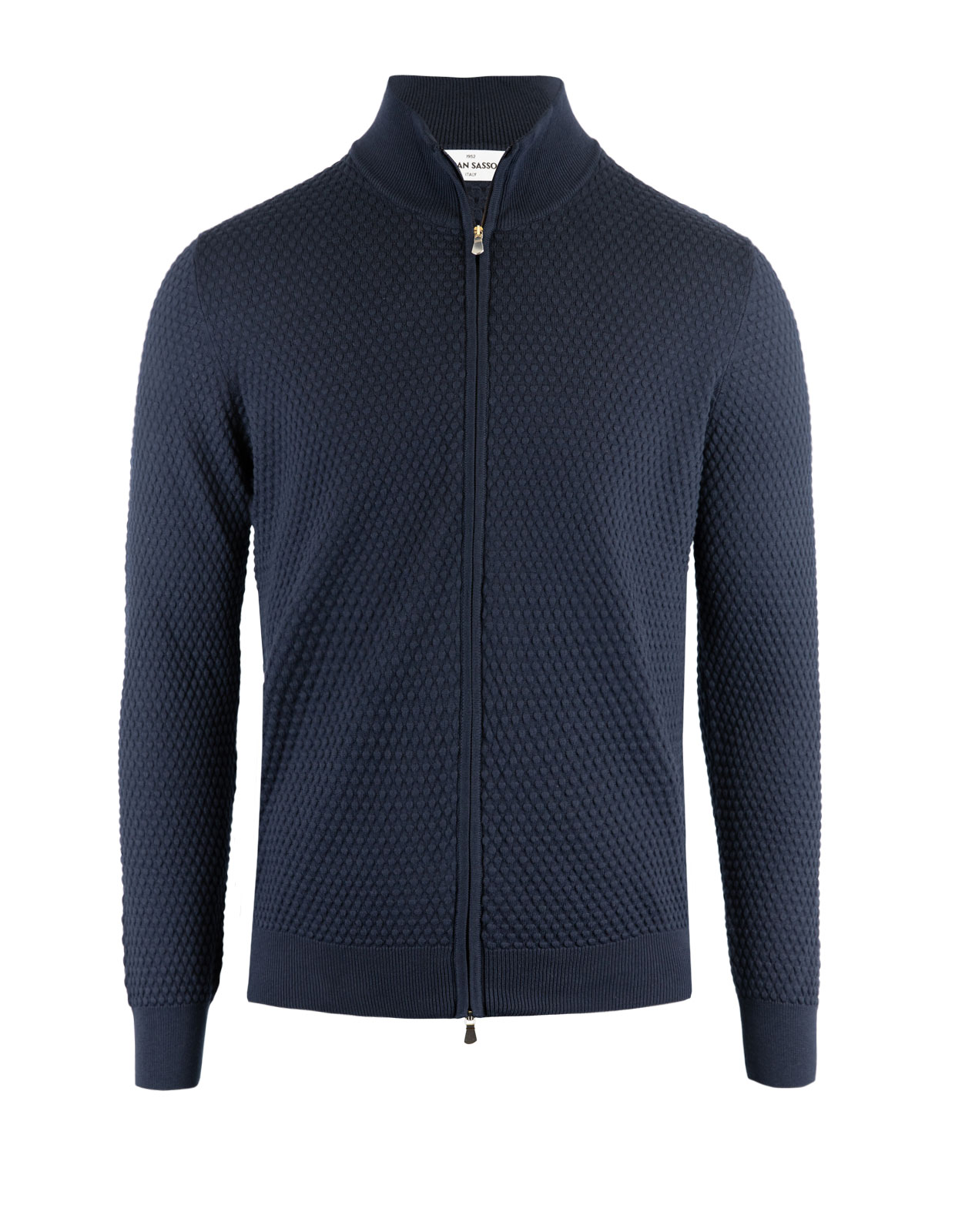 Full Zip Cardigan Structure Knitted Cotton Navy