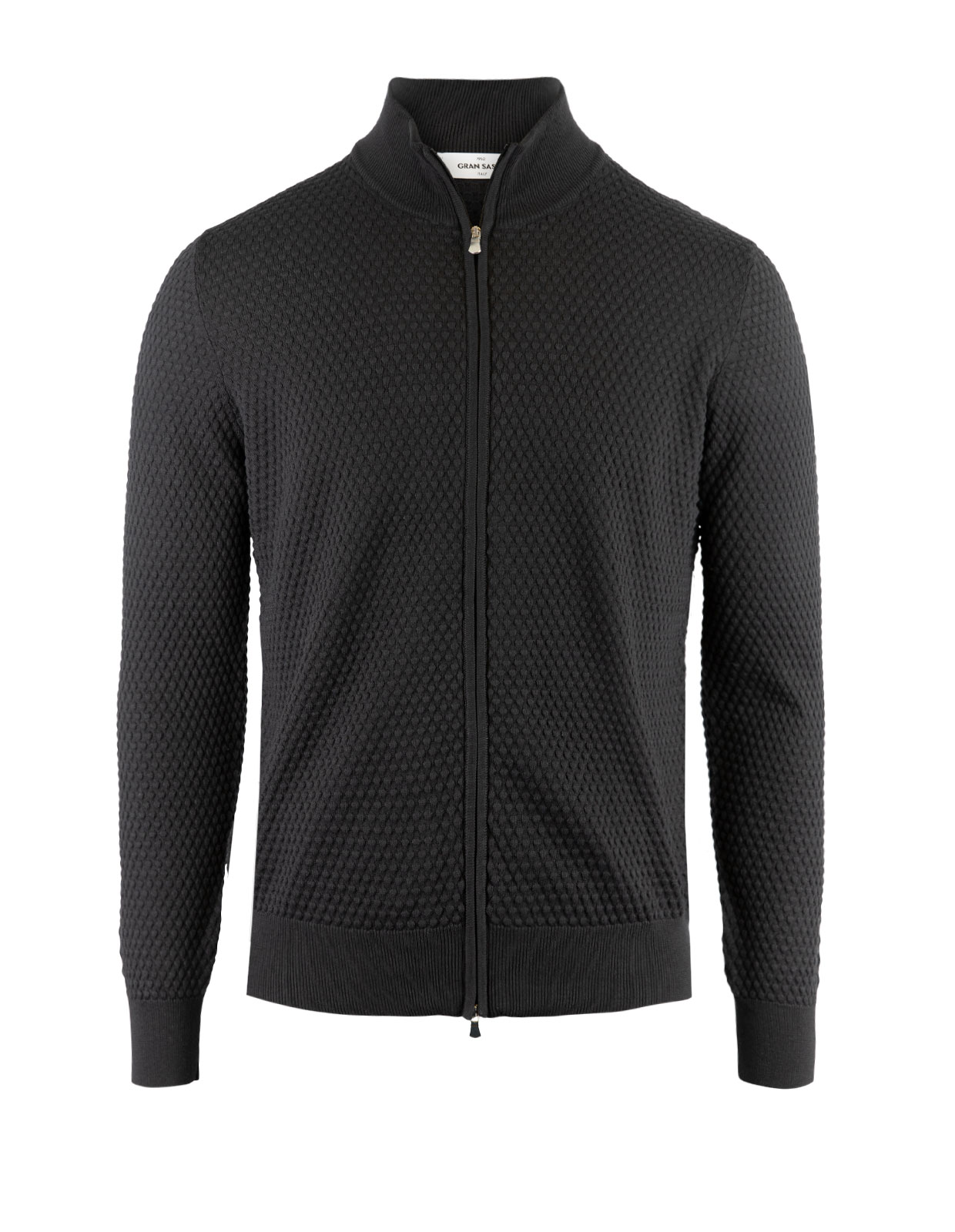 Full Zip Cardigan Structure Knitted Cotton Black