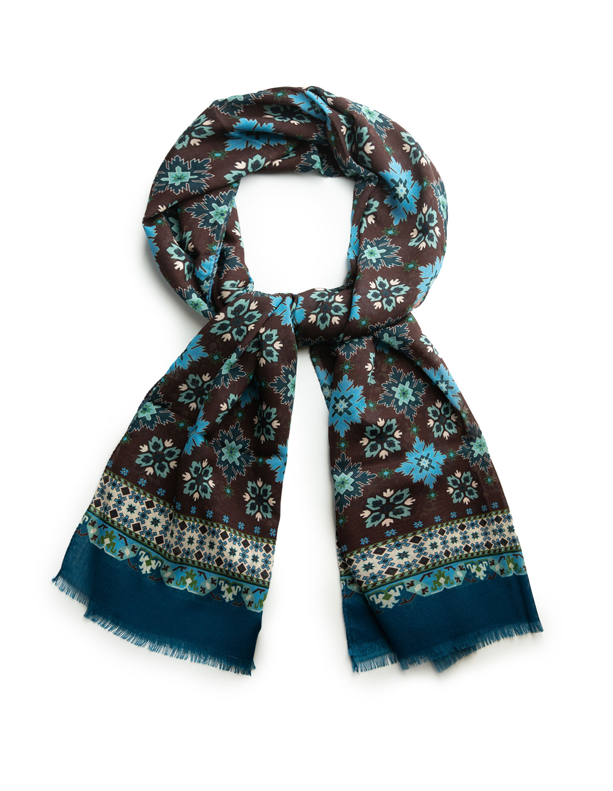 Printed Scarf Wool Cashmere Brown/Turquoise