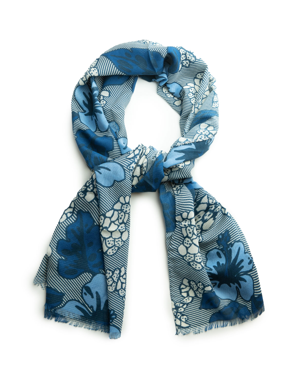 Printed Scarf Wool Cashmere Blue Flowers