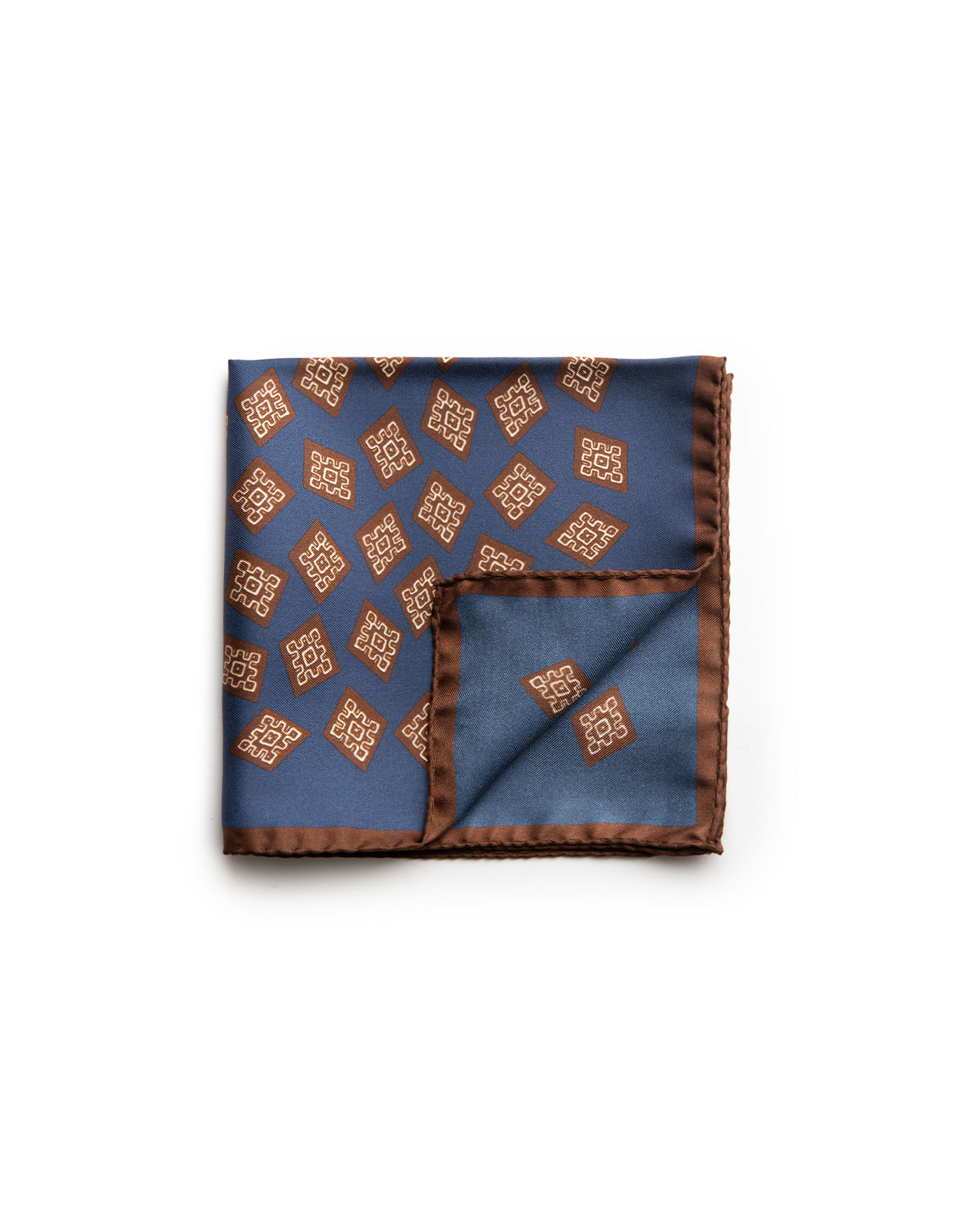 Pocket Square Silk Printed Navy/Brown Stamp