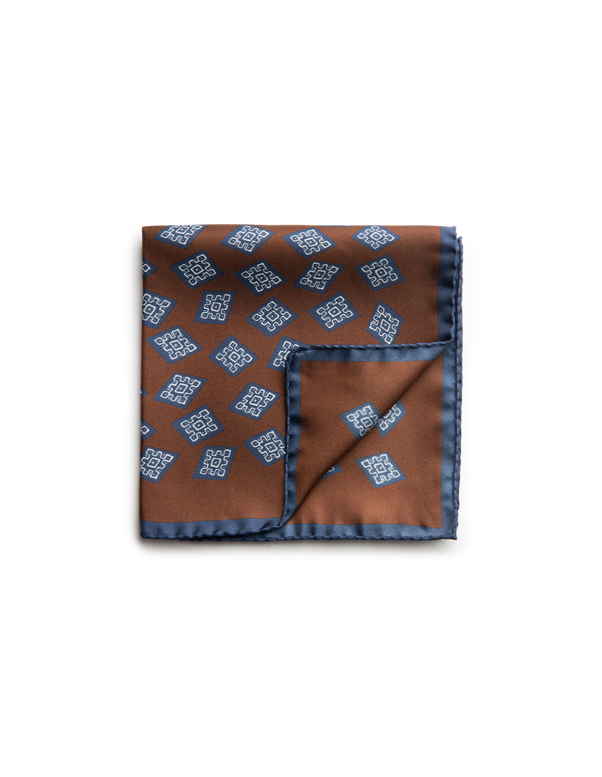Pocket Square Silk Printed Brown/Navy Stamp