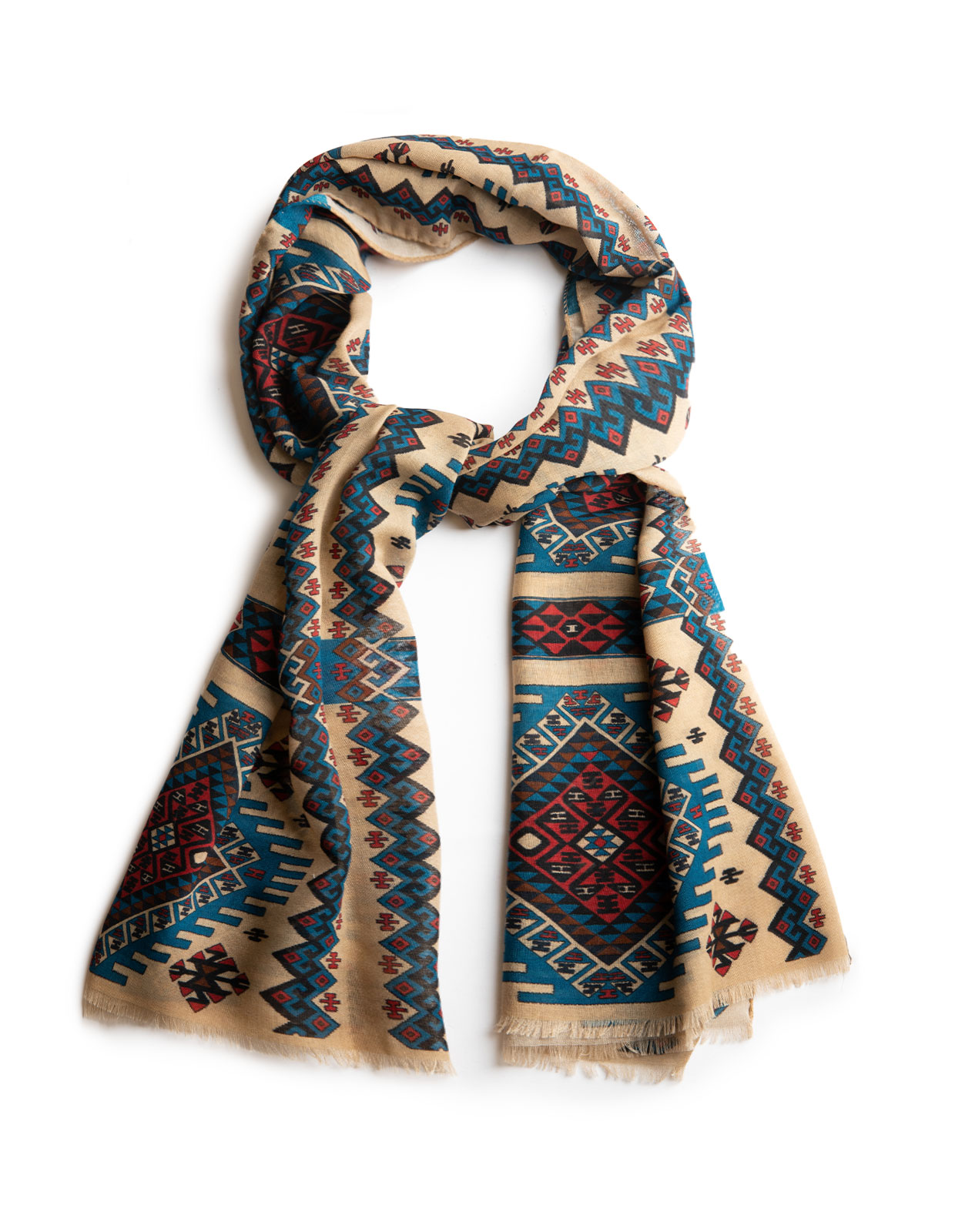 Printed Scarf Wool Cashmere Beige/Blue/Red