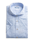 Fitted Body Short Sleeves Linen Shirt Pale Blue