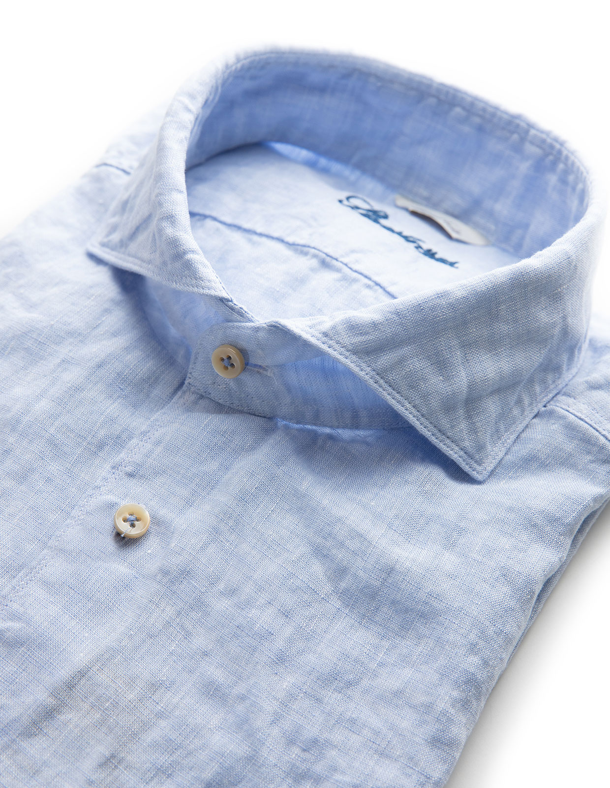 Fitted Body Short Sleeves Linen Shirt Pale Blue