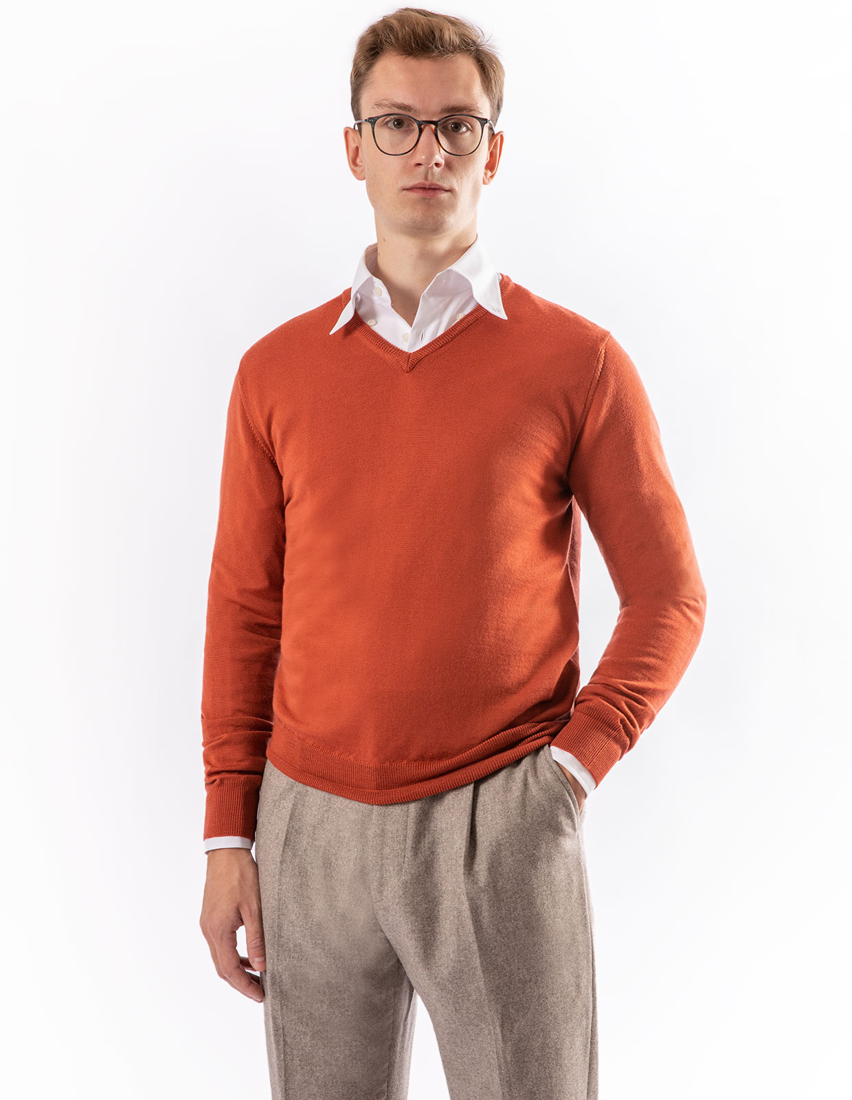 Vee Neck Merino Sweater Spice Orange