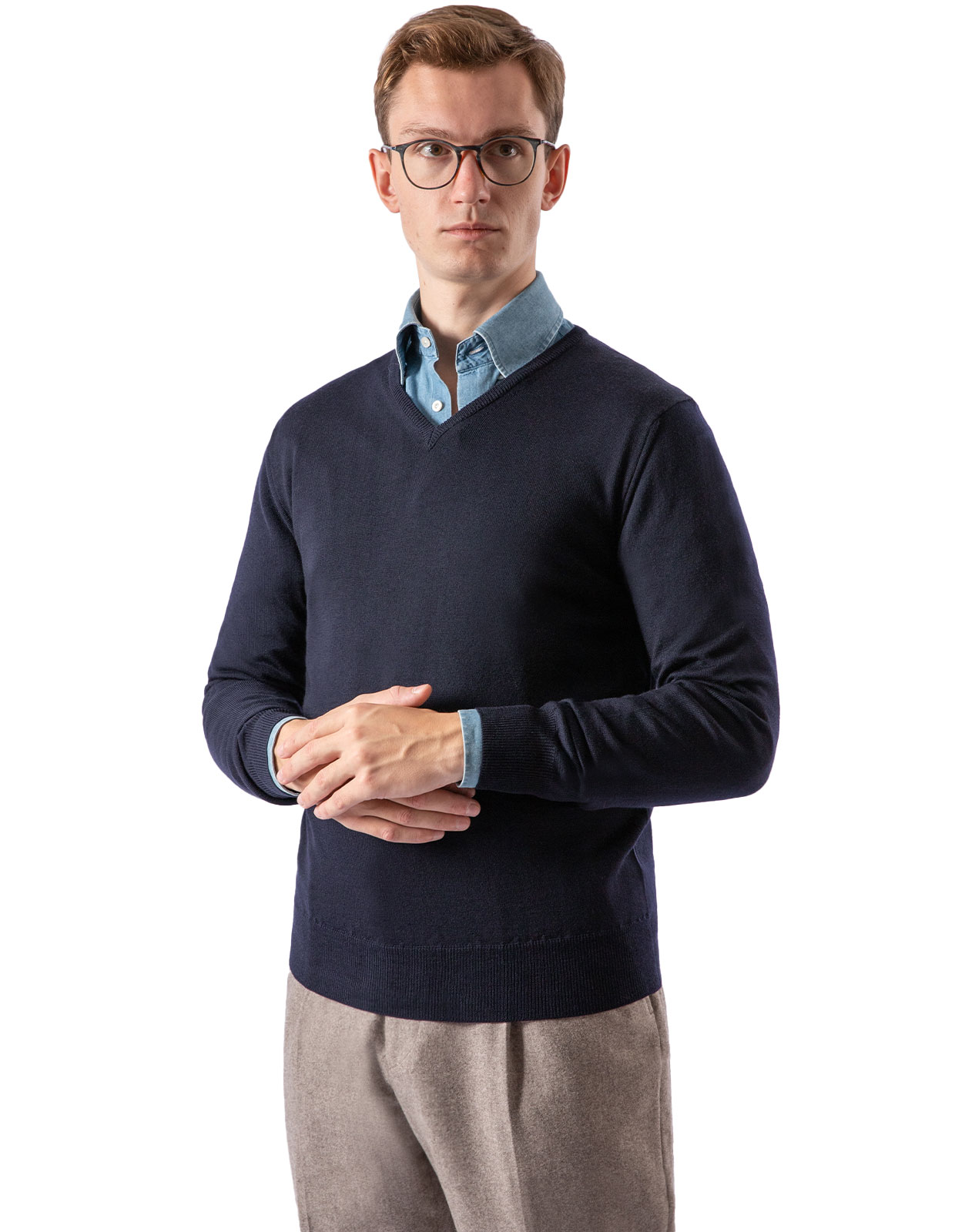 Tröja V-ringad Merinoull Marinblå M