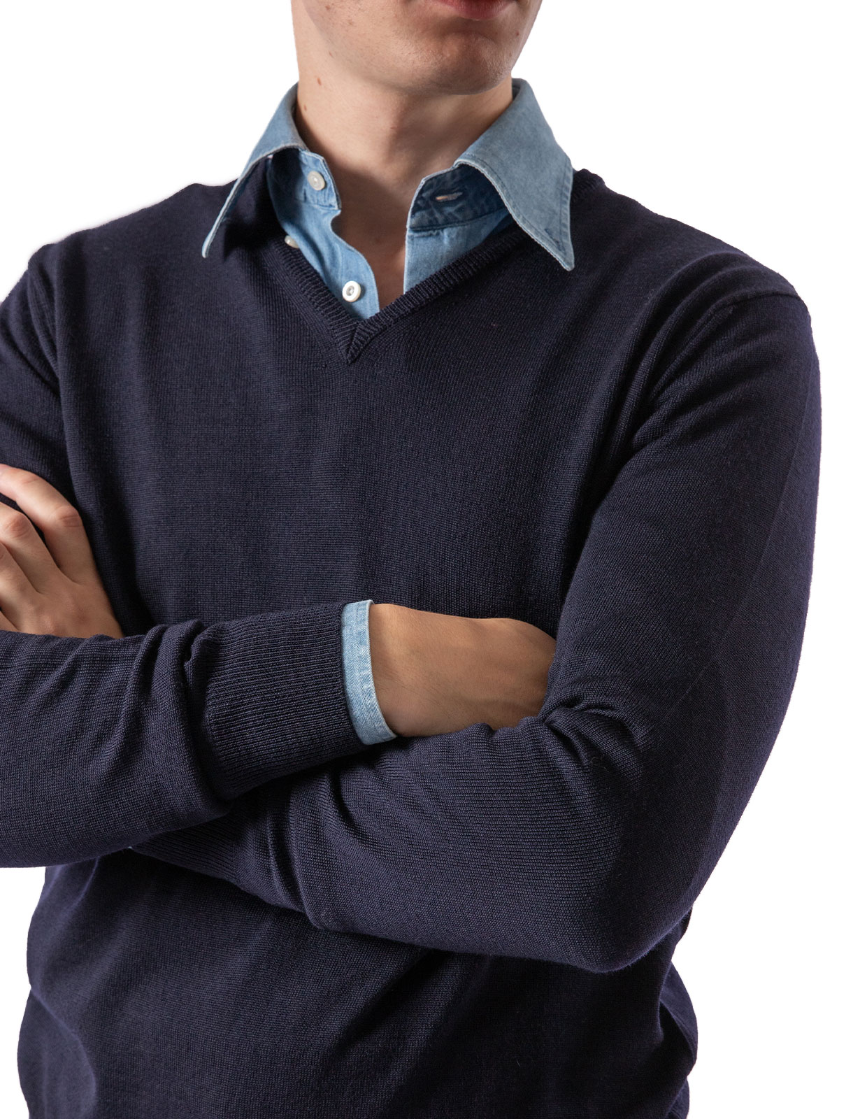 Tröja V-ringad Merinoull Marinblå M