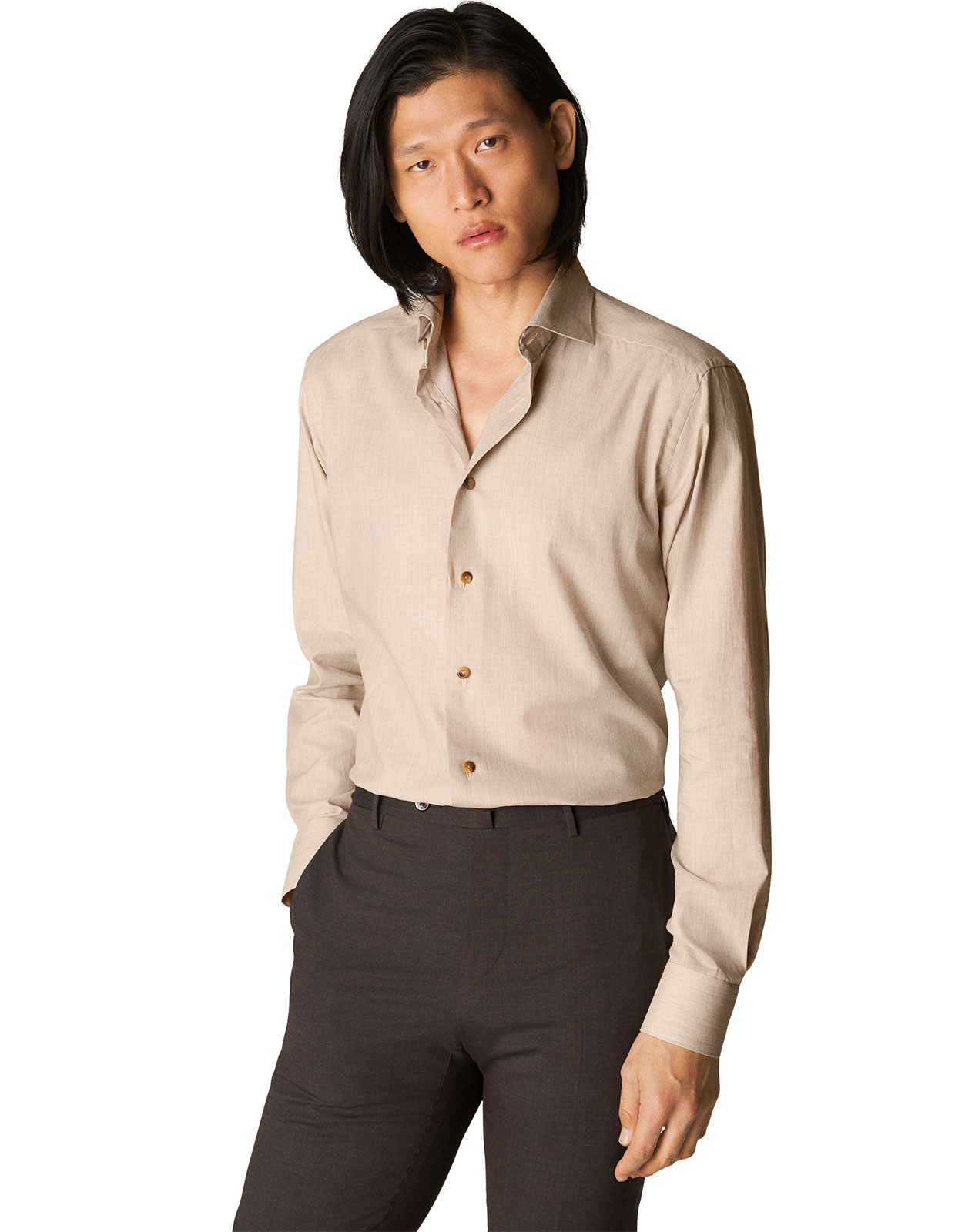 Contemporary Fit Herringbone Flannel Shirt Light Brown