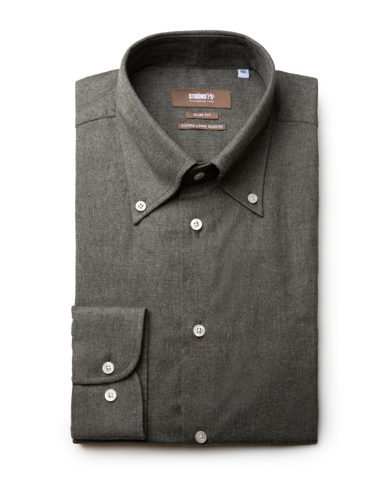 Slim Fit Button Down Extra Long Sleeves Flannel Shirt Olive Green
