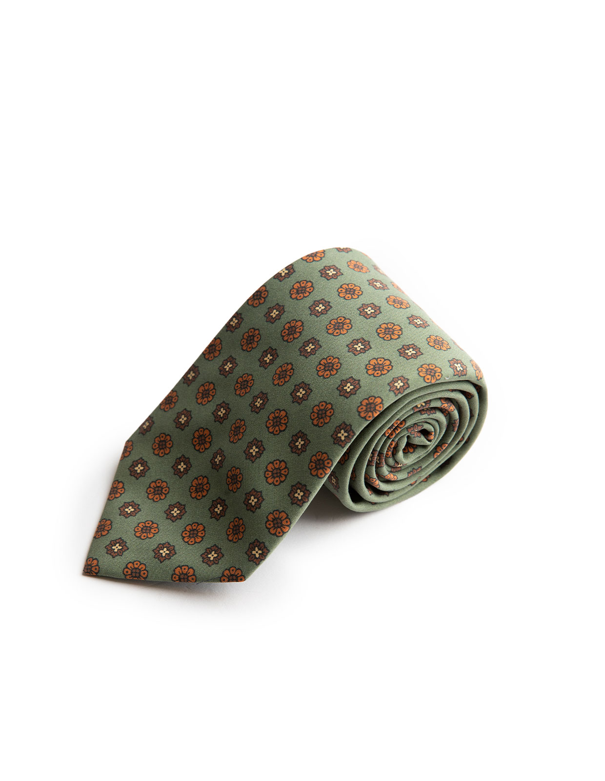 Printed Silk Tie Sage/Orange Flowers