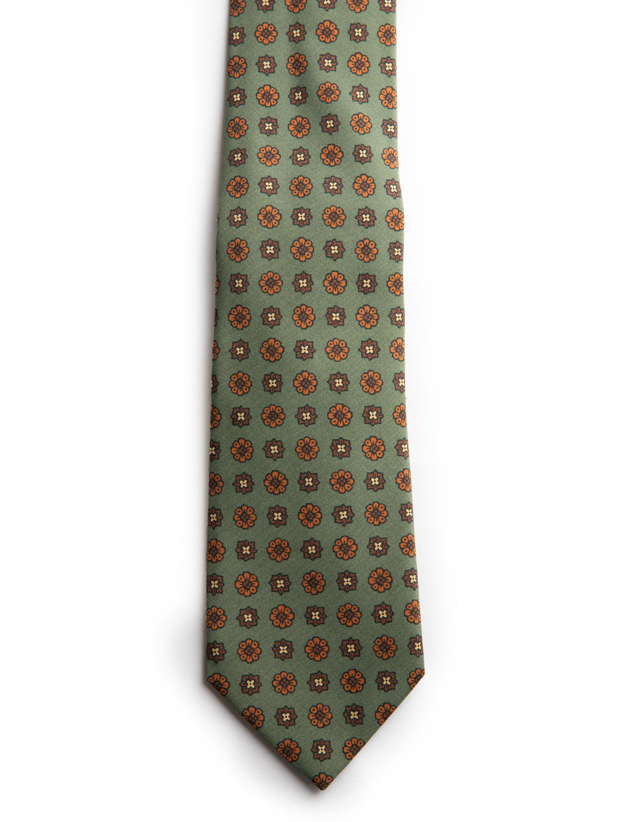 Printed Silk Tie Sage/Orange Flowers