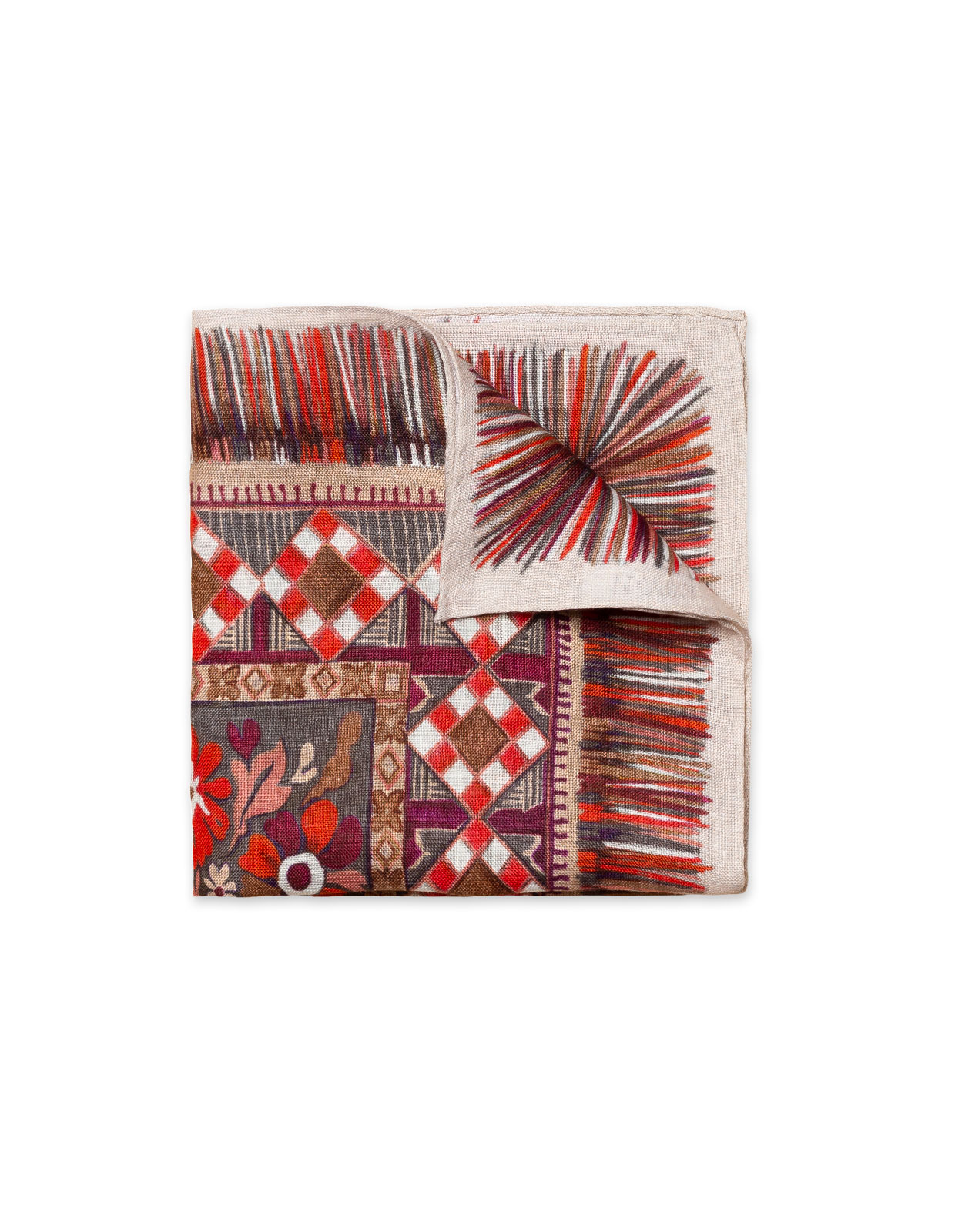 Hand Painted Sardinian Print Linen Pocket Square Red