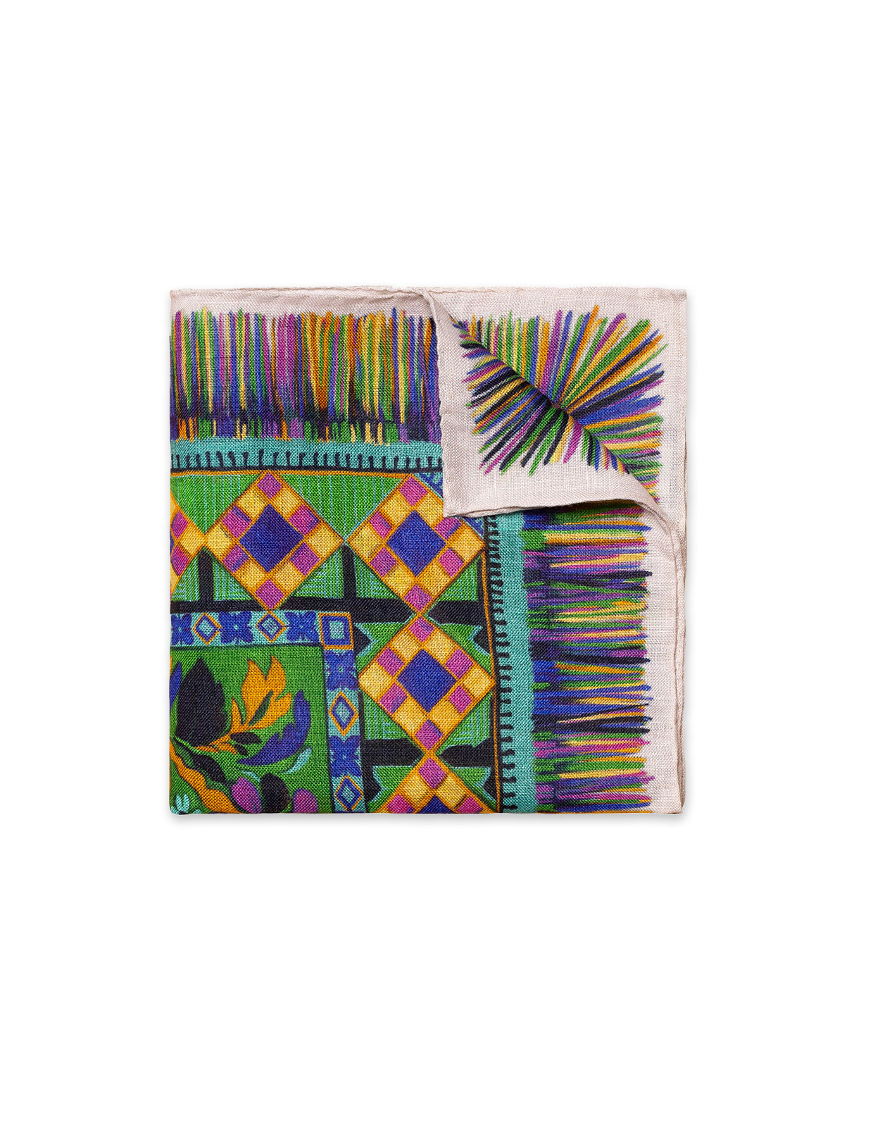Hand Painted Sardinian Print Linen Pocket Square Green