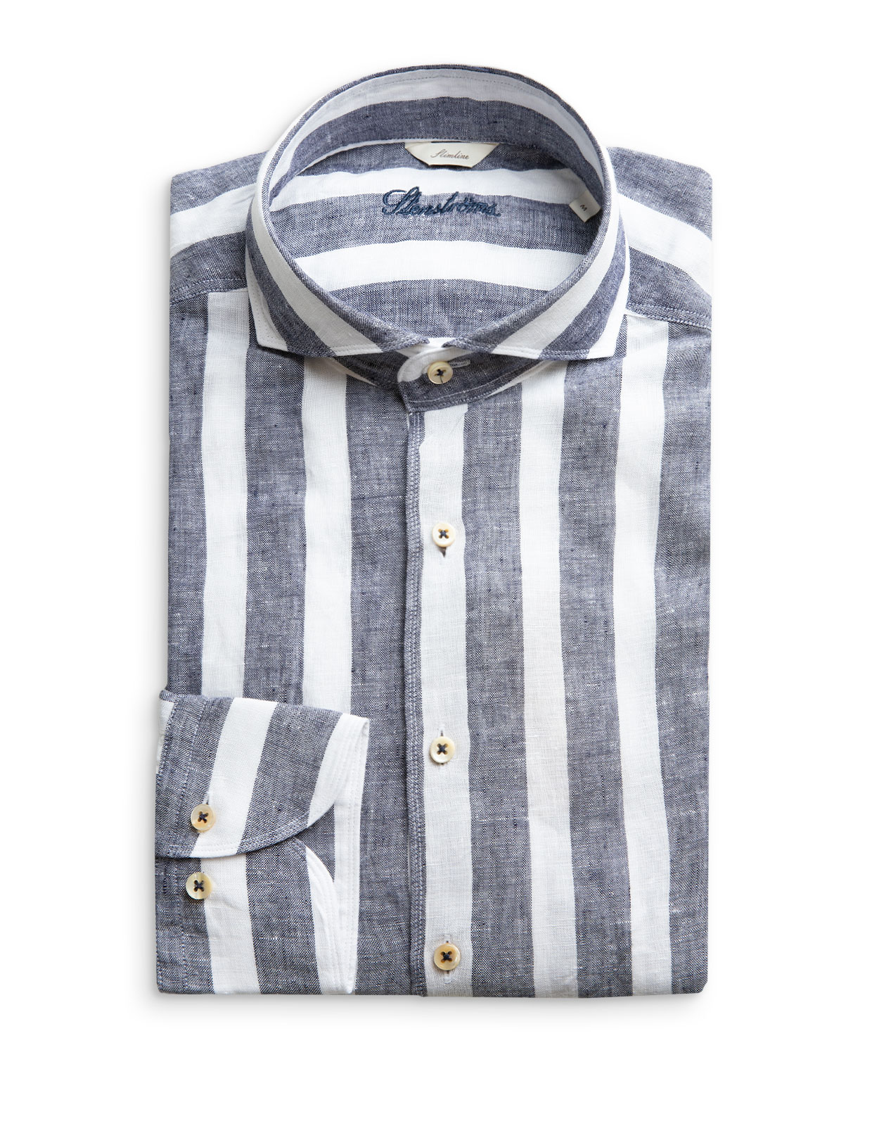 Slimline Block Stripe Linen Shirt Navy/White