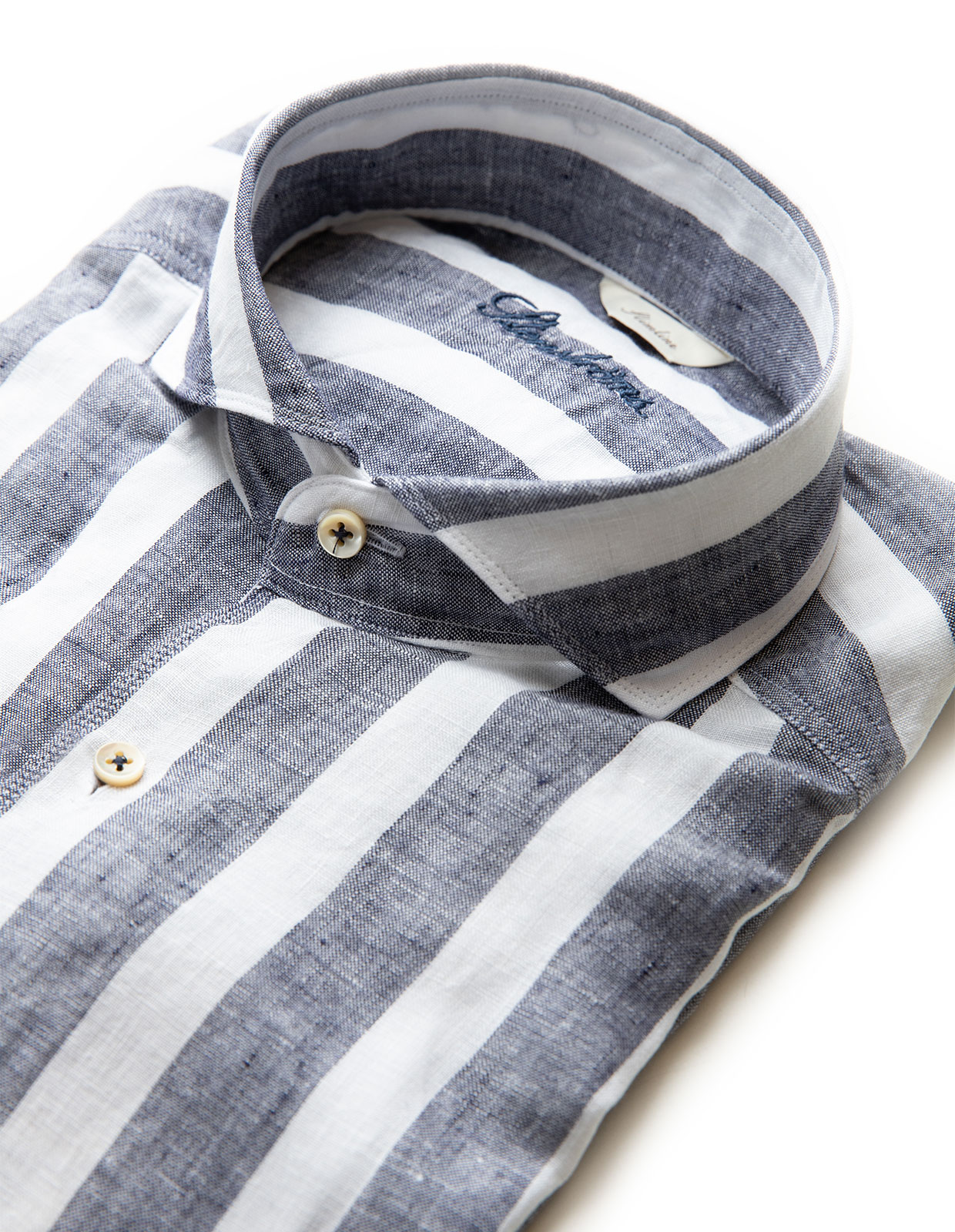 Slimline Block Stripe Linen Shirt Navy/White