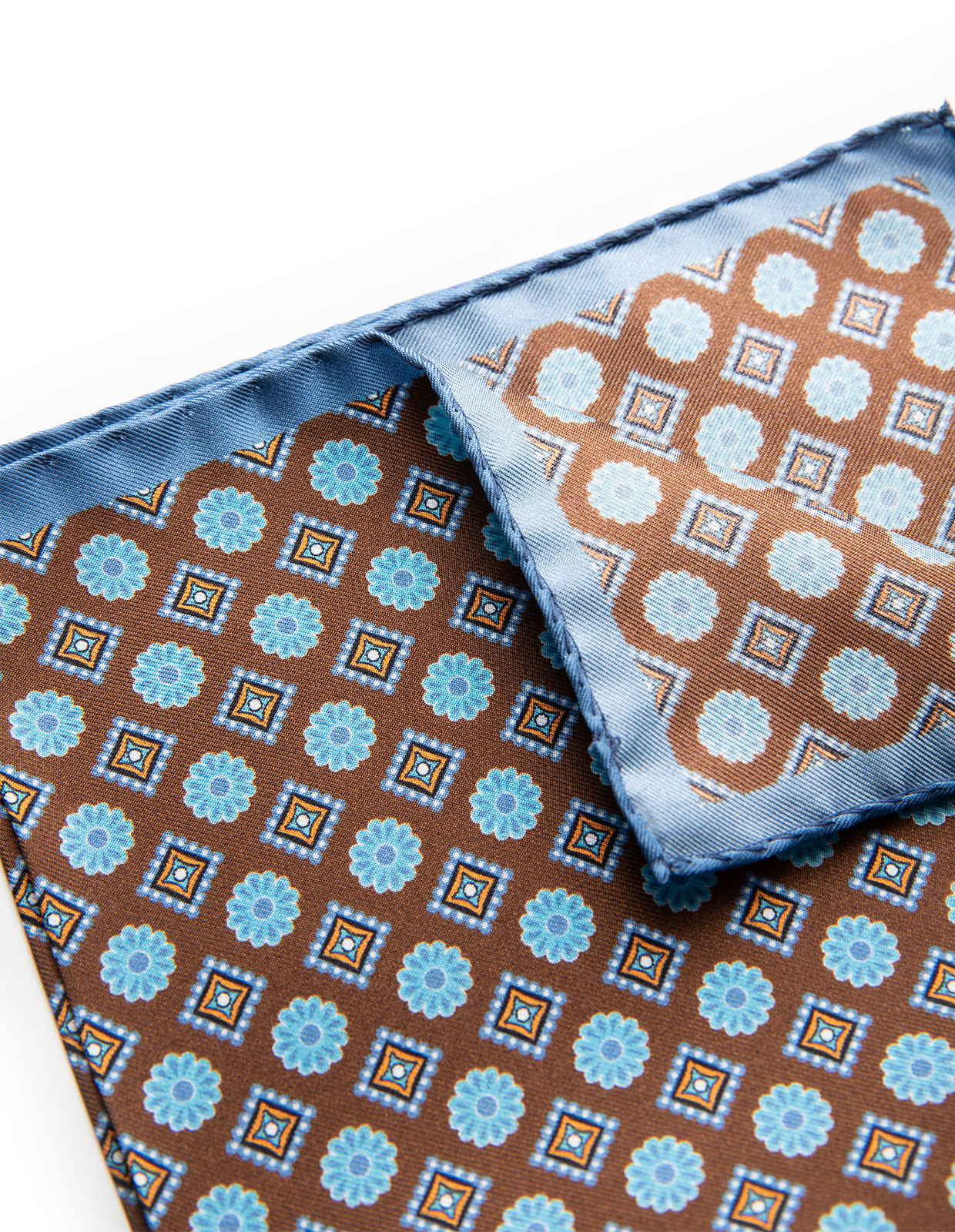 Pocket Square Printed Silk Brown/Blue Flowers