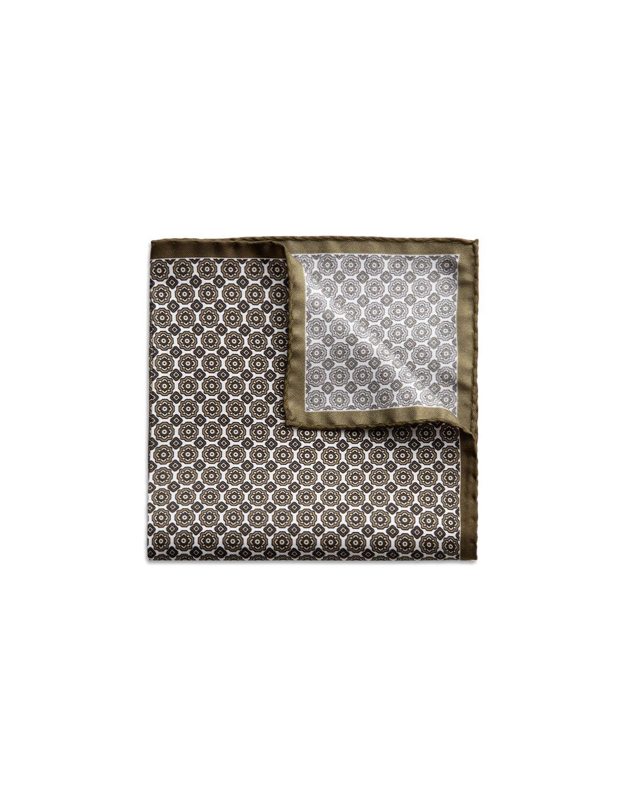 Pocket Square Printed Silk White/Khaki Tile