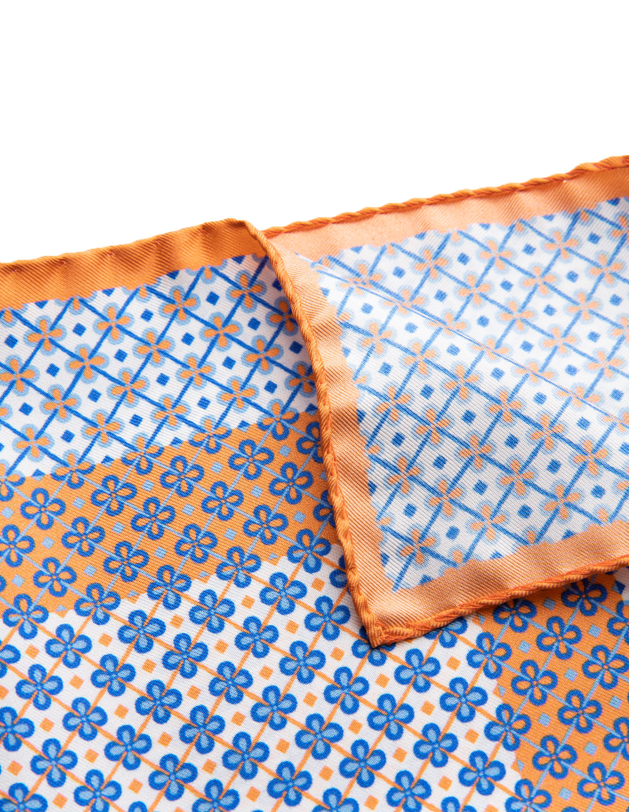 Pocket Square Printed Silk Orange/White Flowers