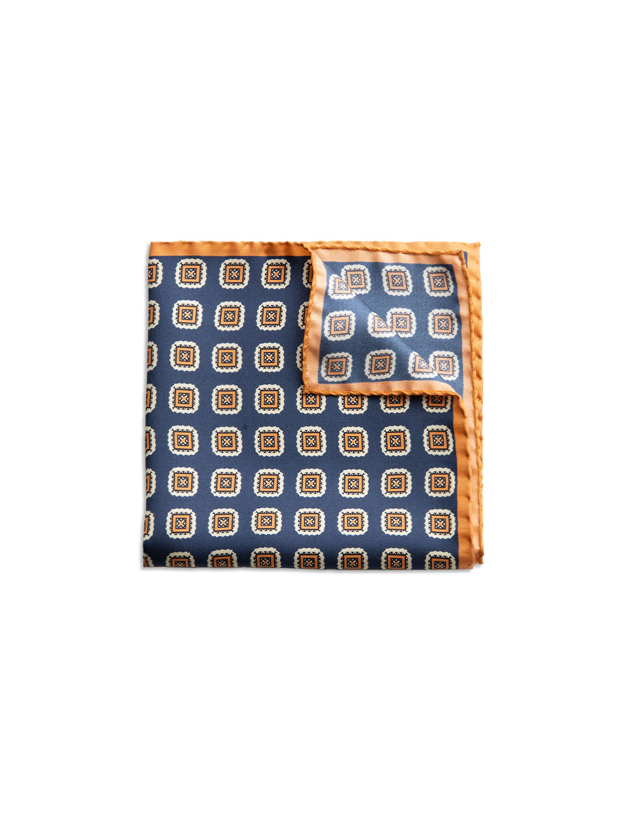 Pocket Square Printed Silk Orange Tile w. Blue