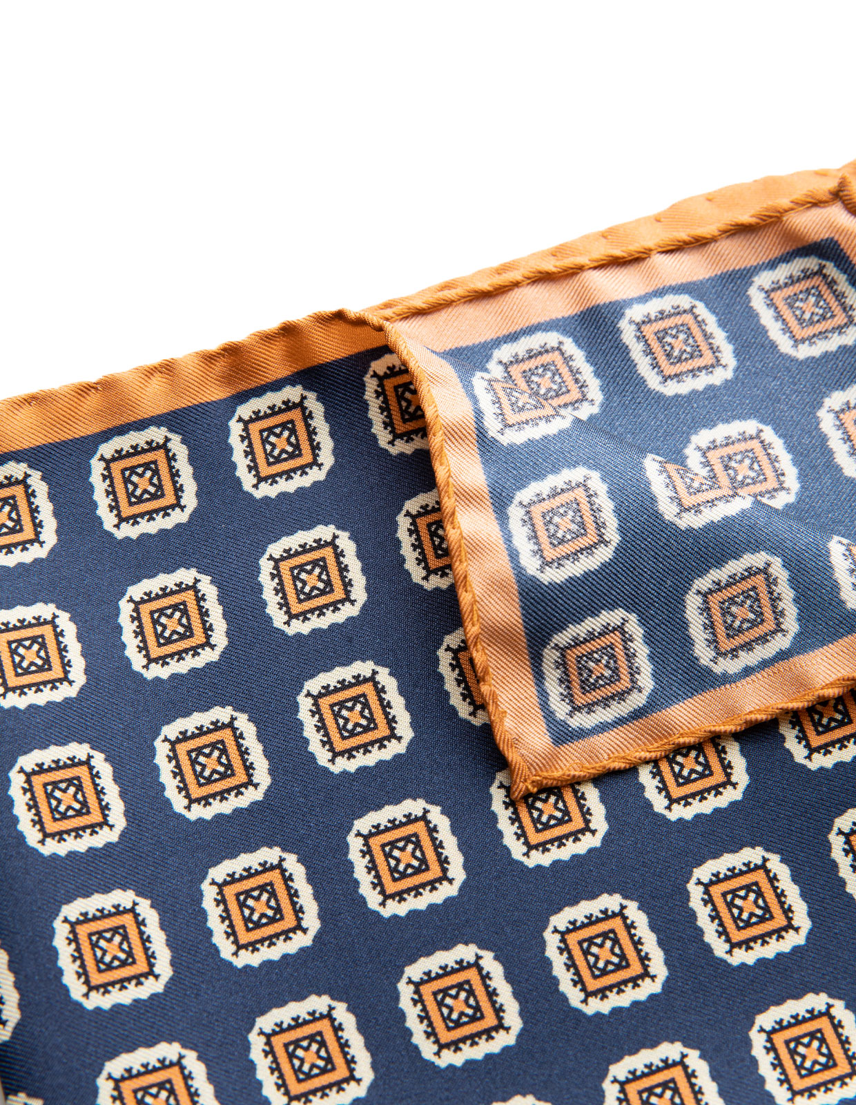Pocket Square Printed Silk Orange Tile w. Blue