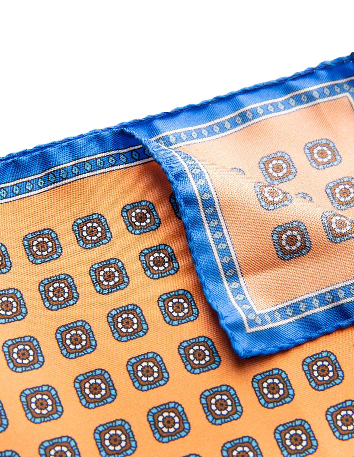 Pocket Square Printed Silk Blue Tile w. Orange