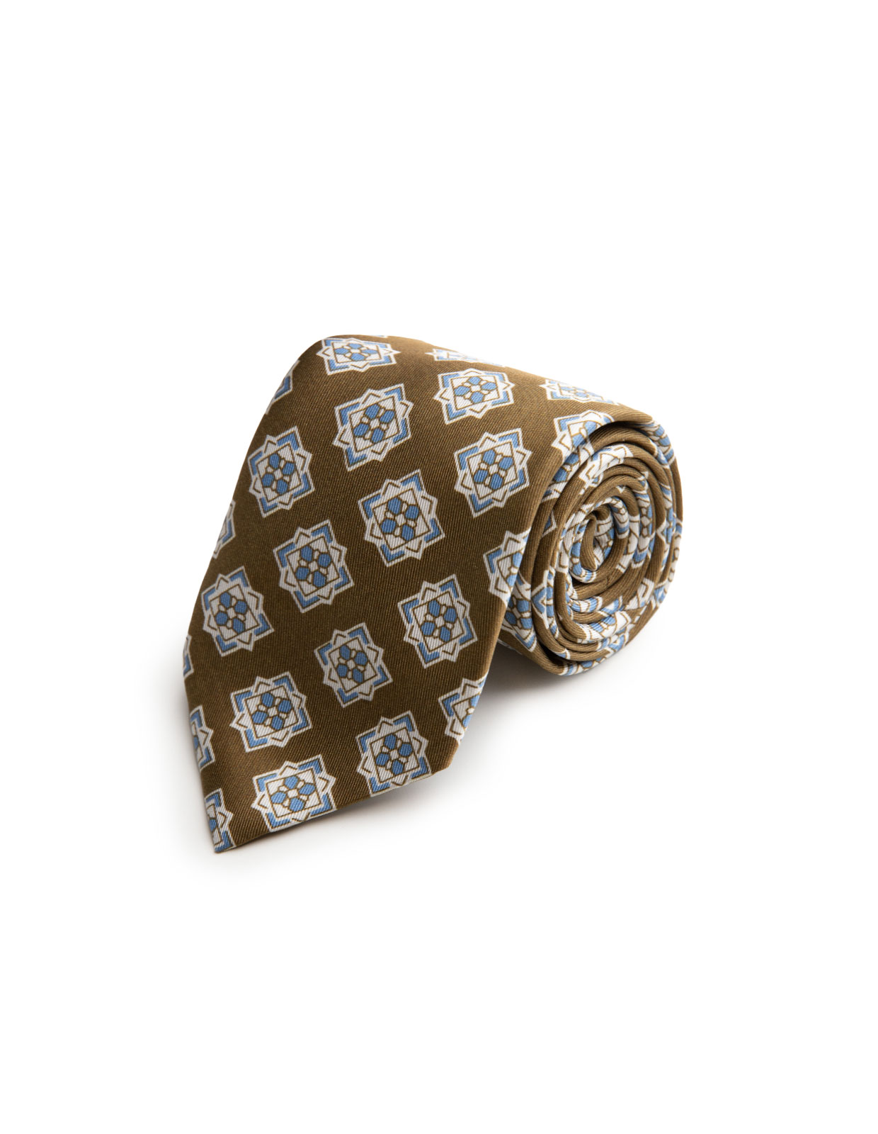 Printed Silk Tie Lined Khaki Green/Blue