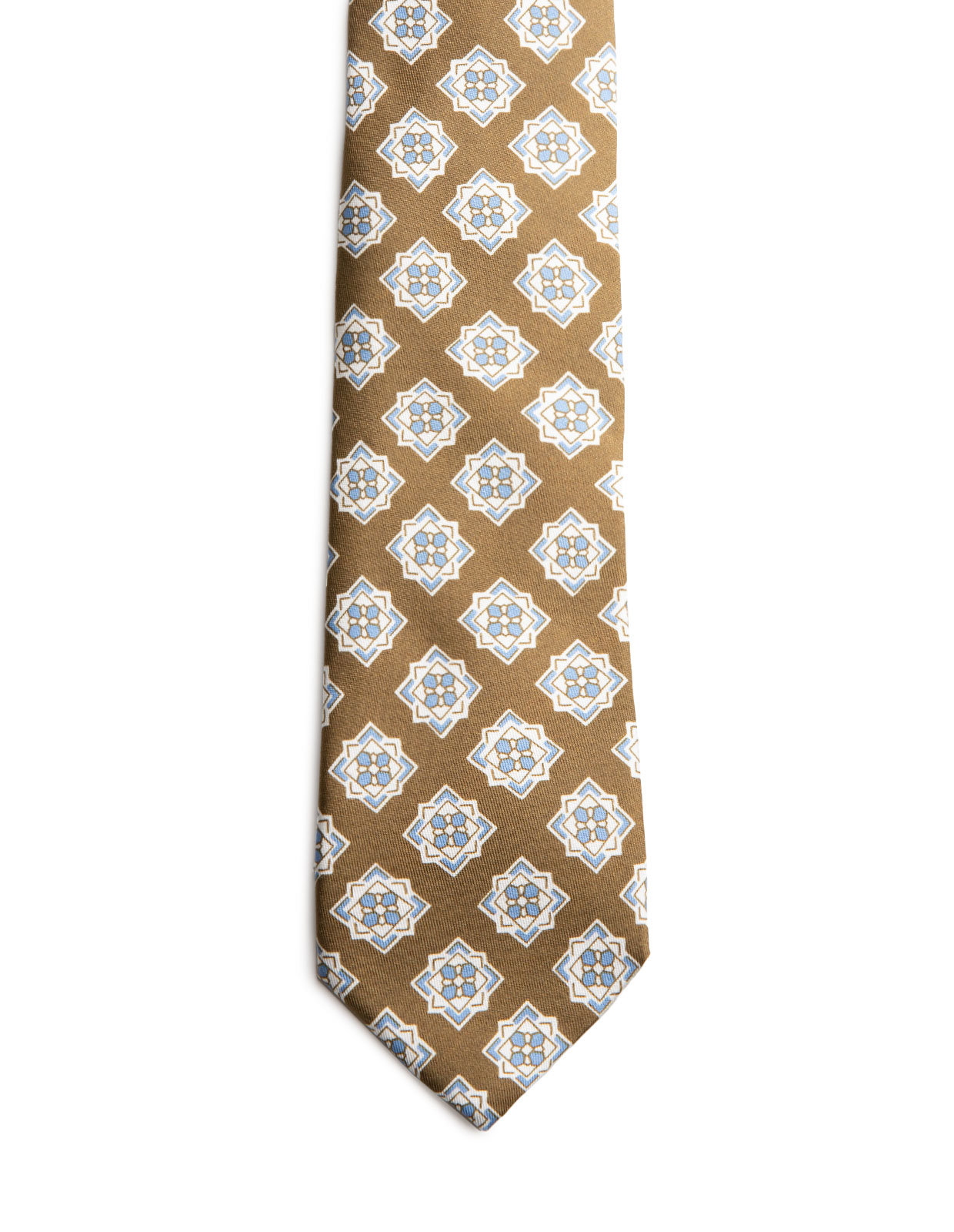 Printed Silk Tie Lined Khaki Green/Blue