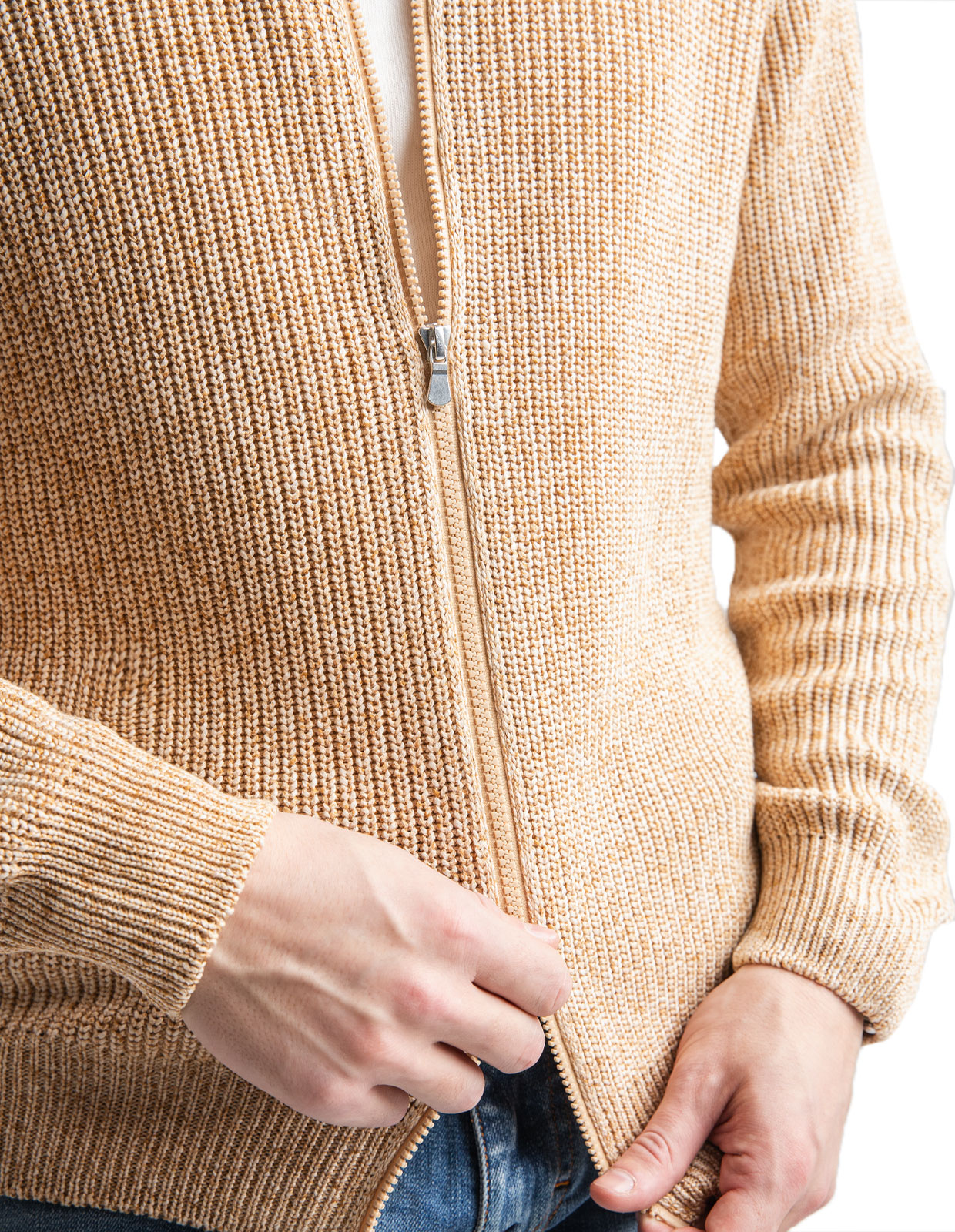 Full Zip Cardigan Bomull Melerad Beige Stl 50