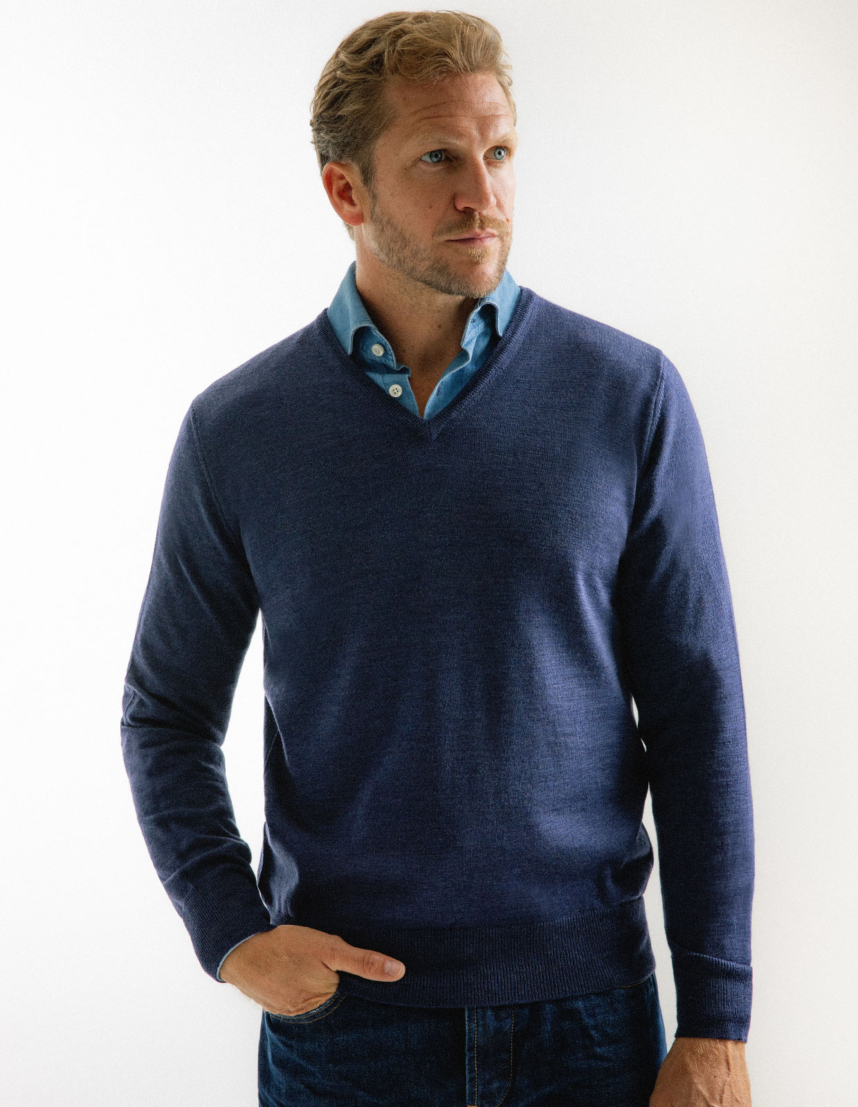 Tröja V-ringad Merinoull Blå