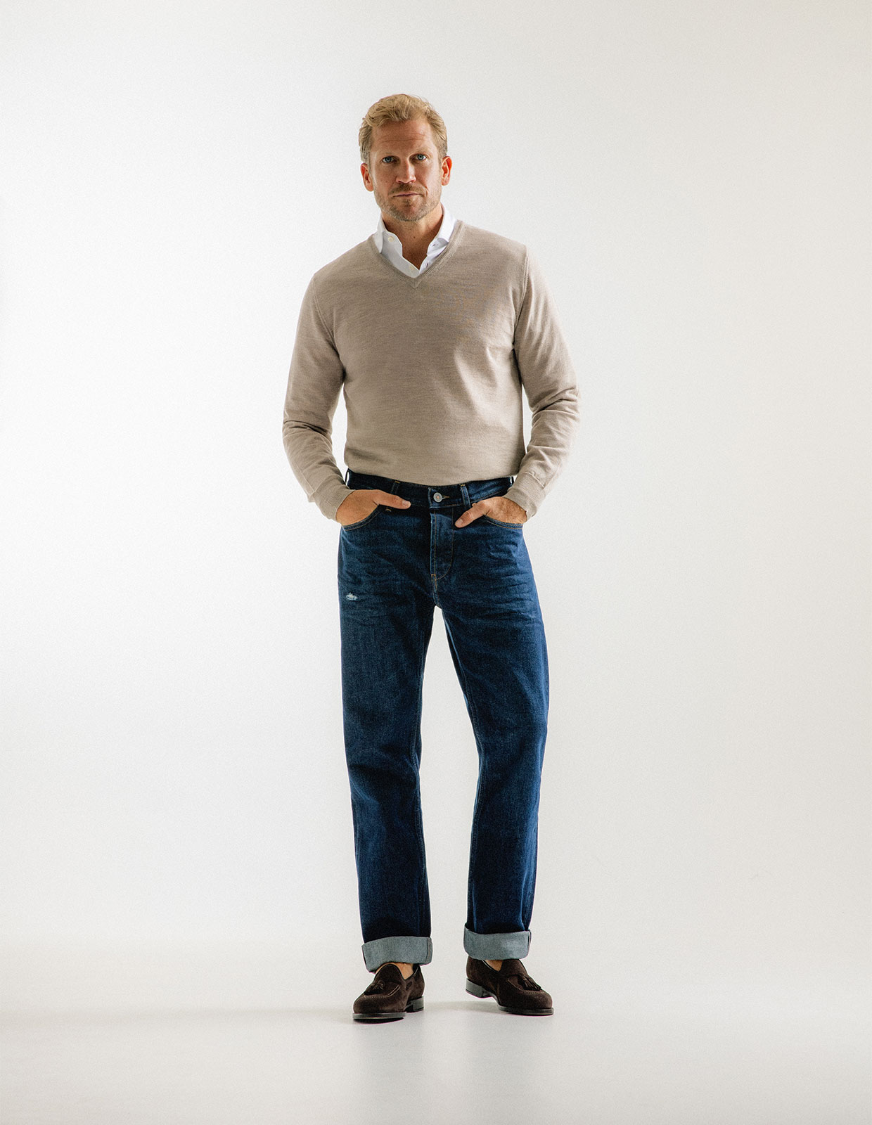 Tröja V-ringad Merinoull Beige XXL