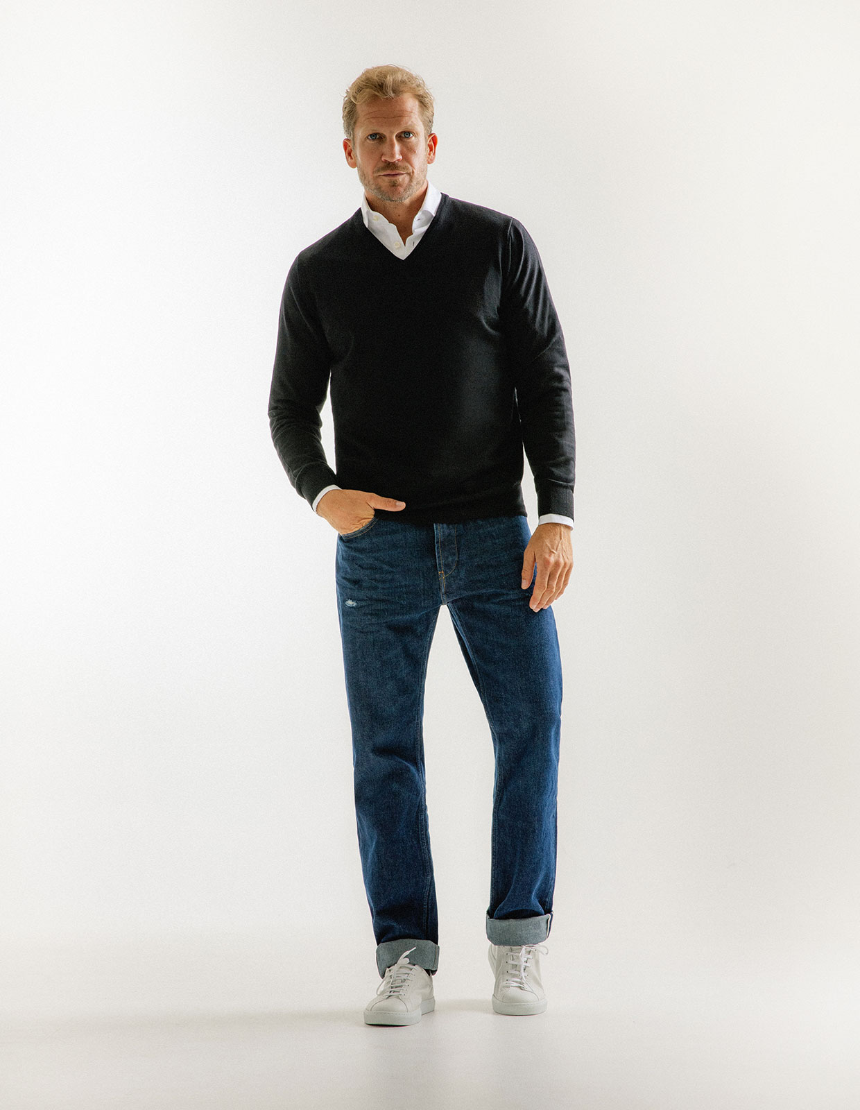 Tröja V-ringad Merinoull Svart S