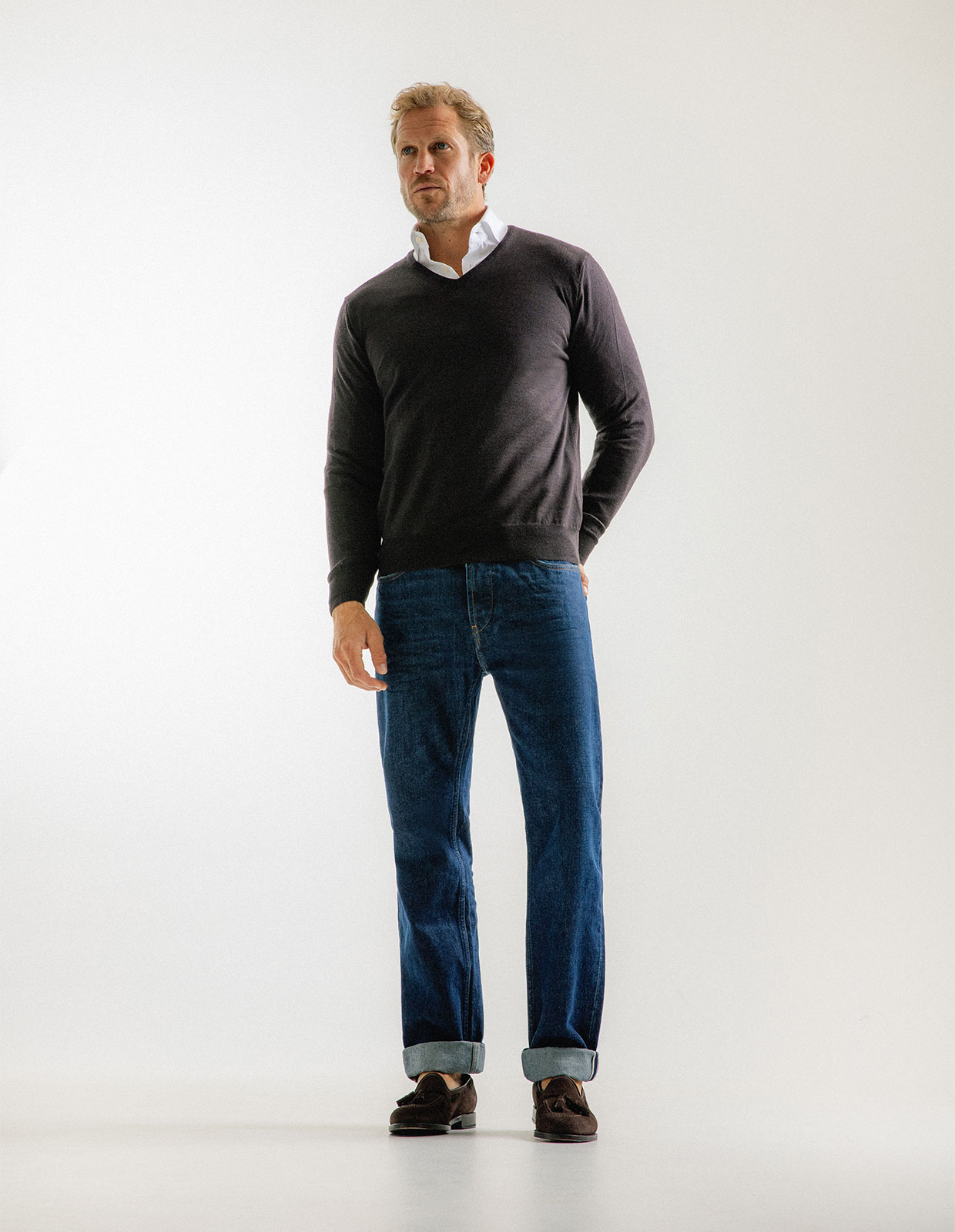 Tröja V-ringad Merinoull Brun