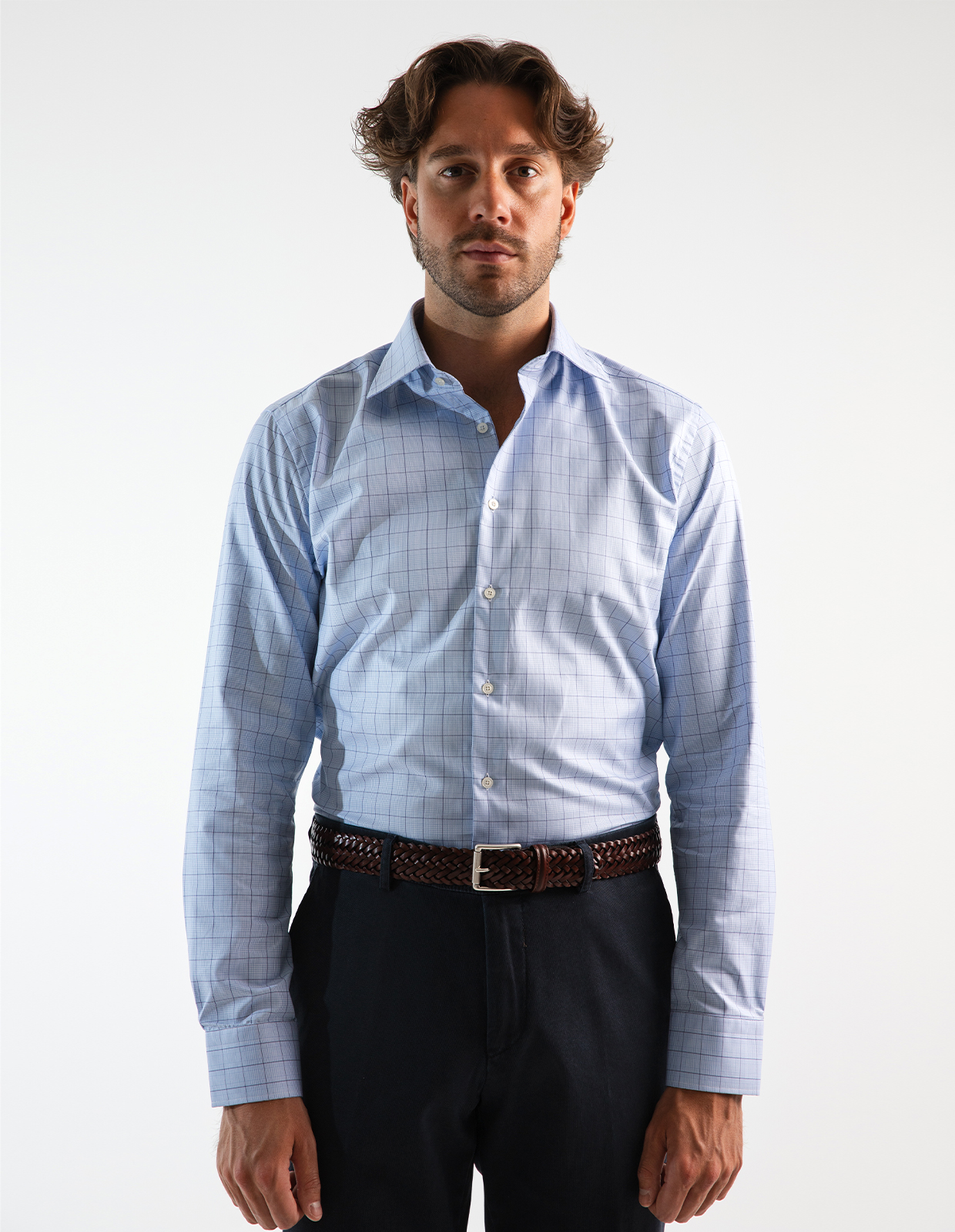 Slim Fit Skjorta Bomull Glencheck Blå