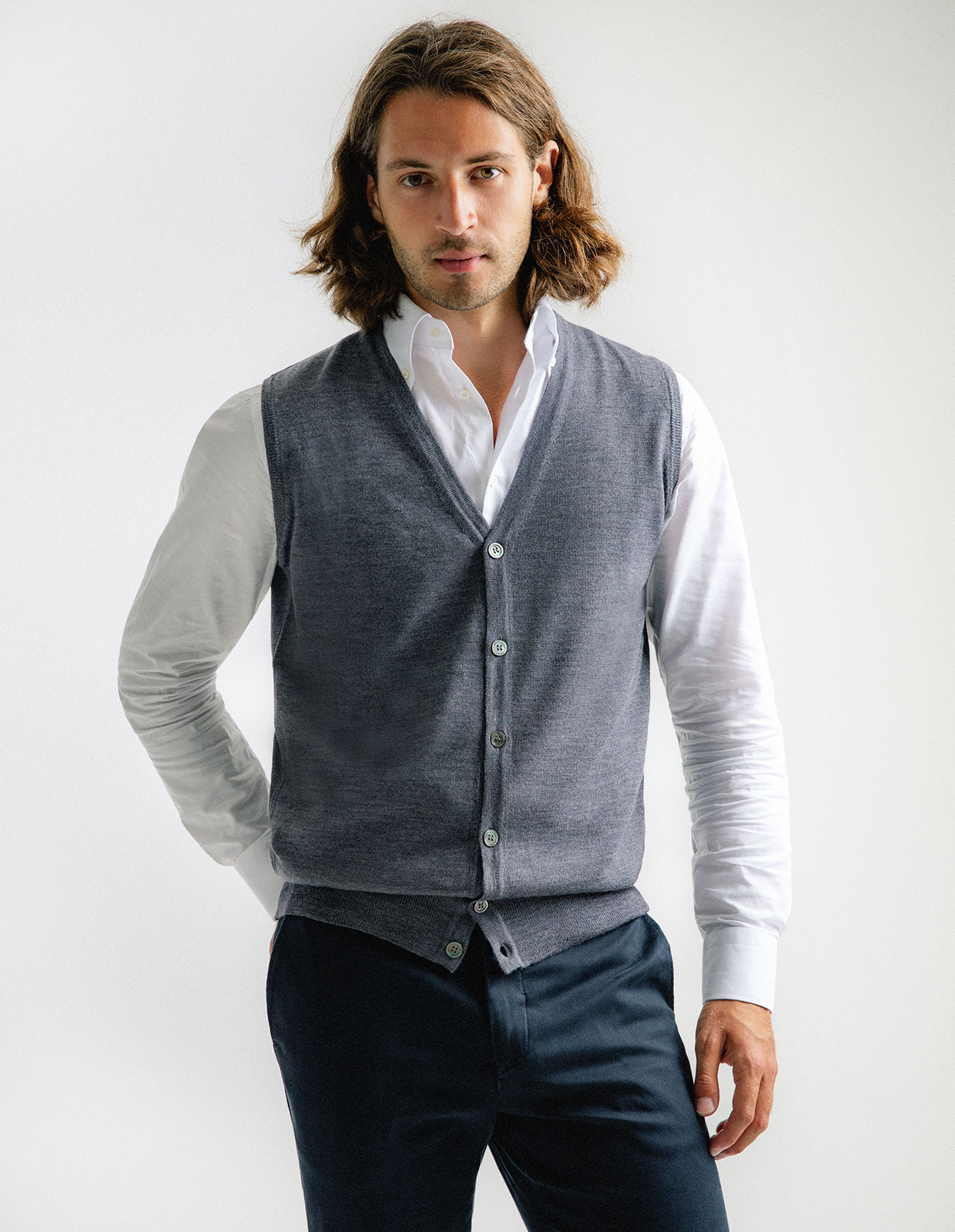 Väst Finstickad Merinoull Grå