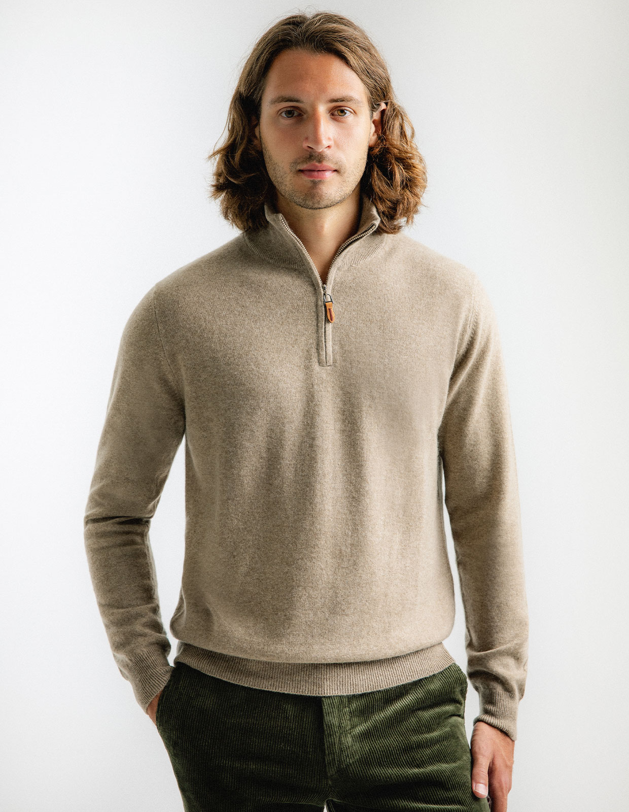 Tröja Zip Cashmere Beige Melerad