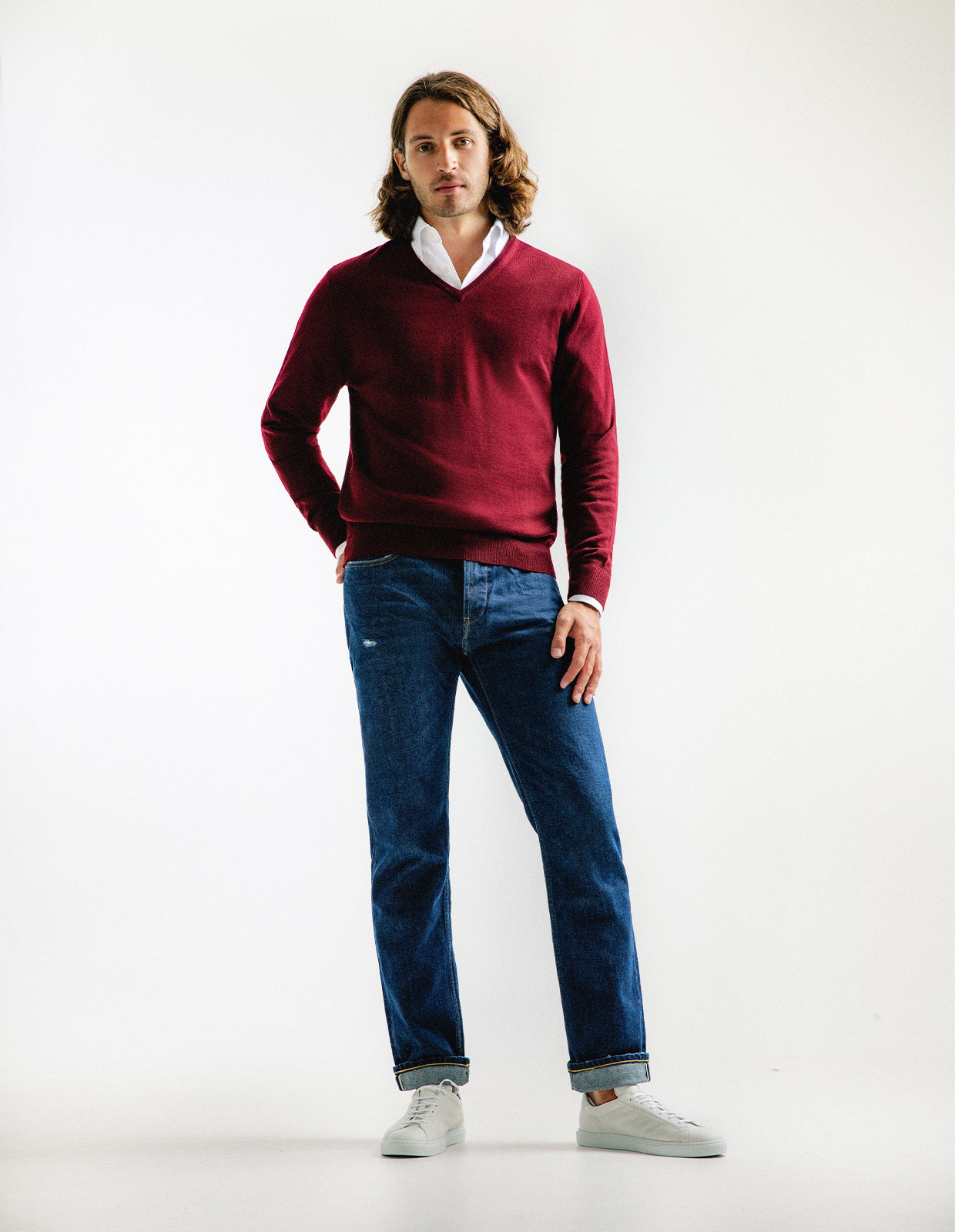 Tröja V-ringad Merinoull Vinröd XXL