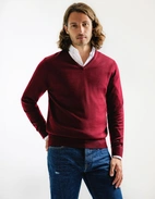 Tröja V-ringad Merinoull Vinröd XXL