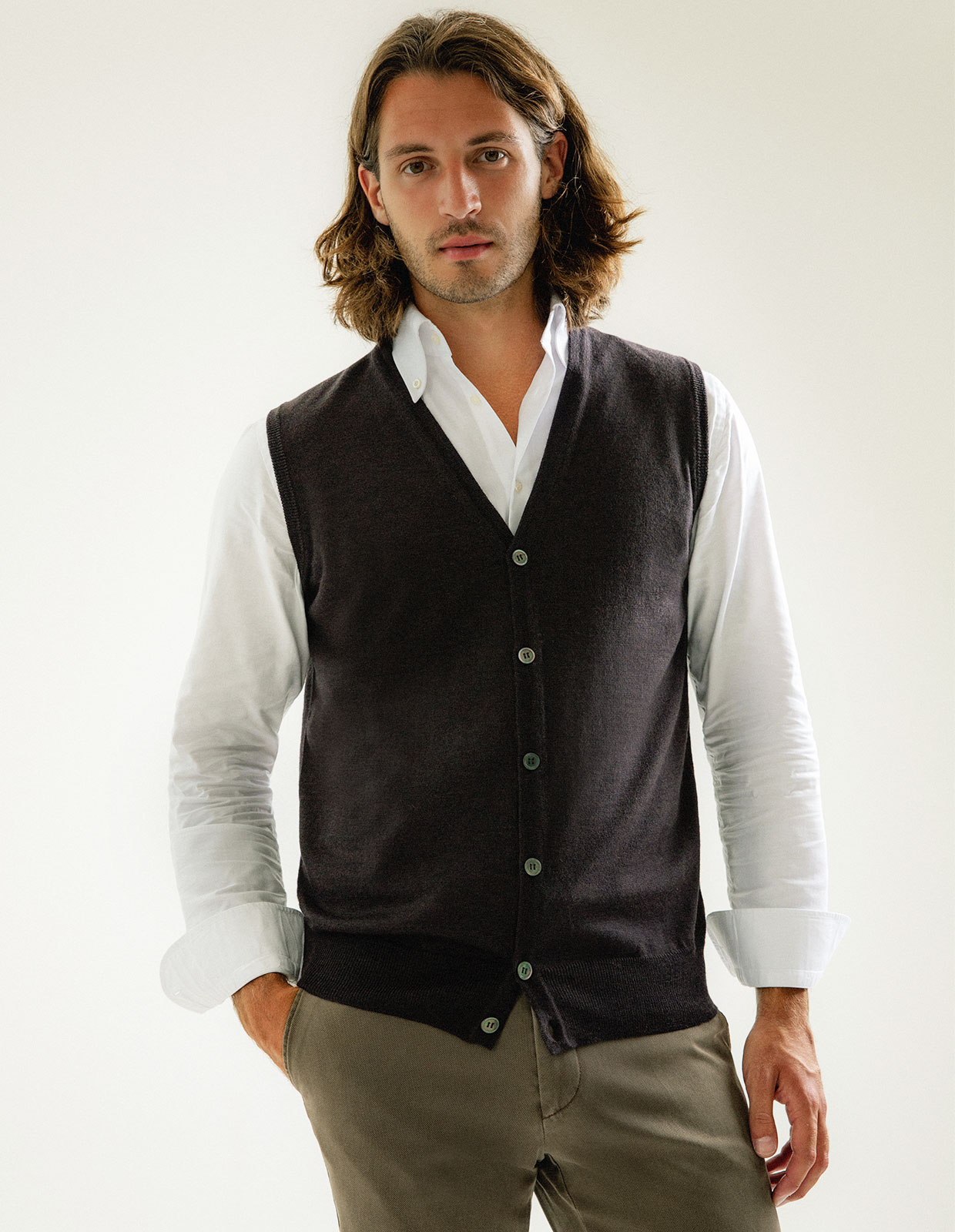 Väst Finstickad Merinoull Mörkbrun