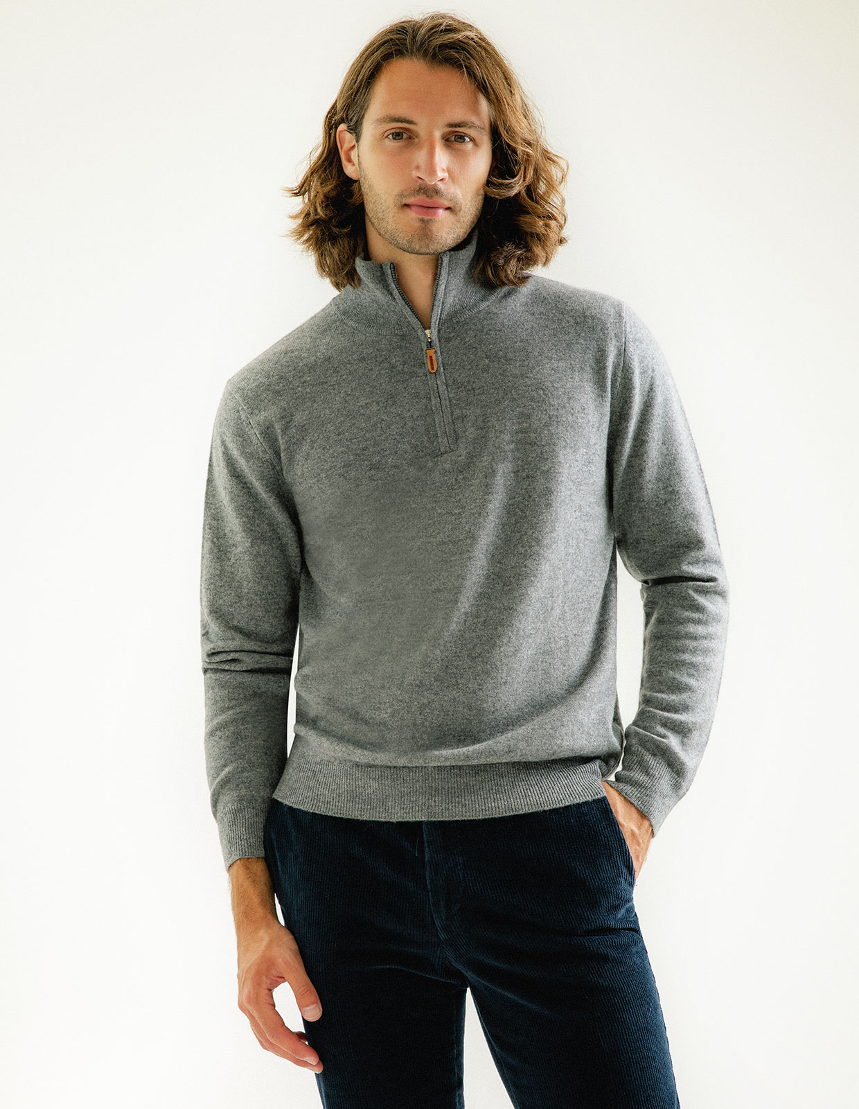 Tröja Zip Cashmere Grå Melerad