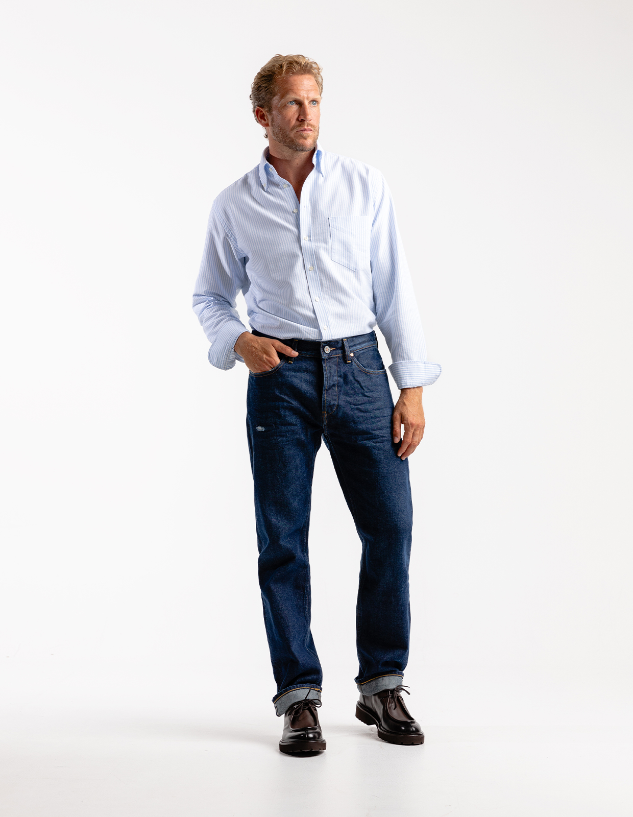 Regular Fit Button Down Oxford Shirt Blå/Vit Randig Stl 44