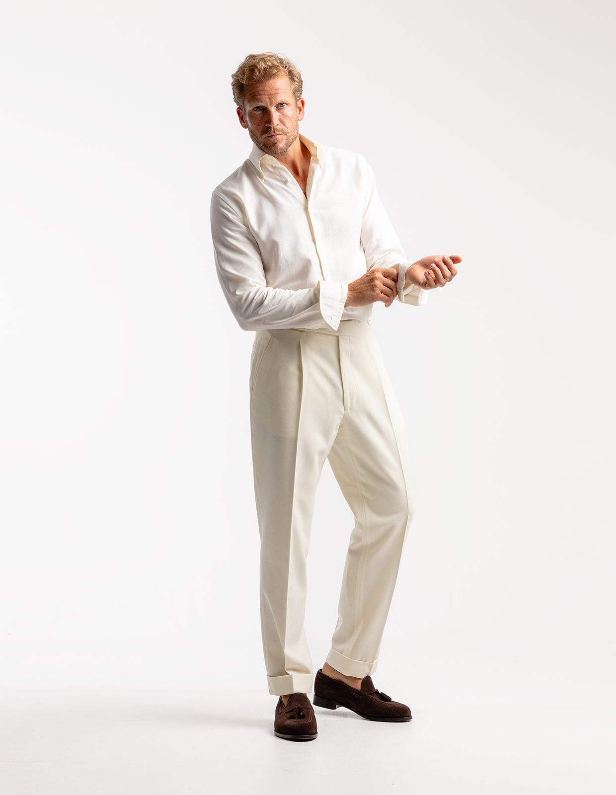 Slim Fit Skjorta Flanell Bomull Cashmere Benvit