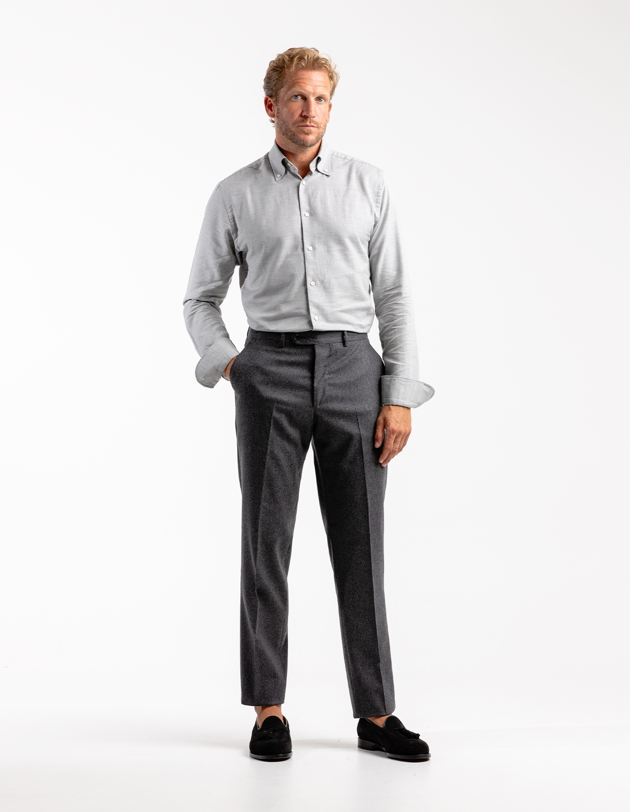 Slim Fit Skjorta Flanell Bomull Cashmere Ljusgrå Stl 40