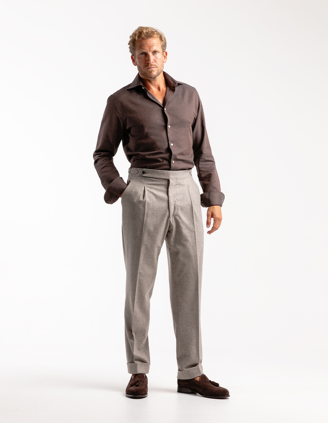 Slim Fit Skjorta Flanell Bomull Cashmere Brun