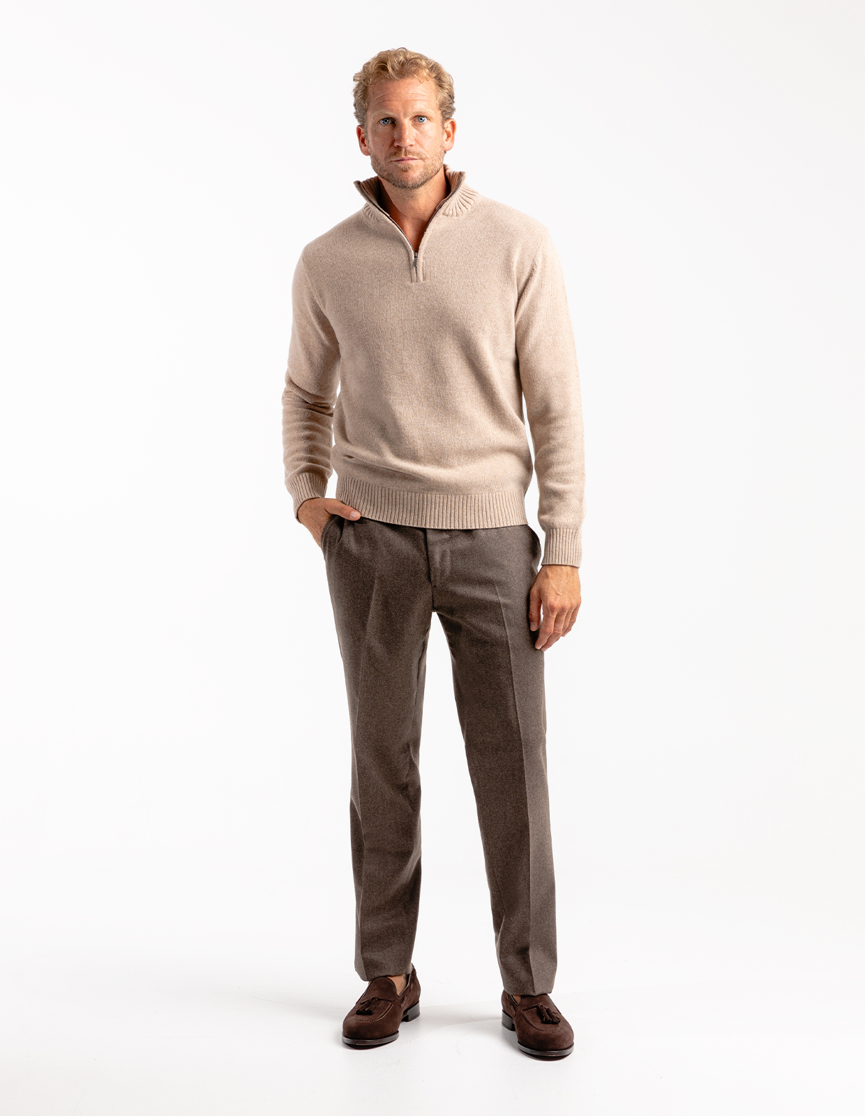 Zip-tröja Ull/Cashmere Beige