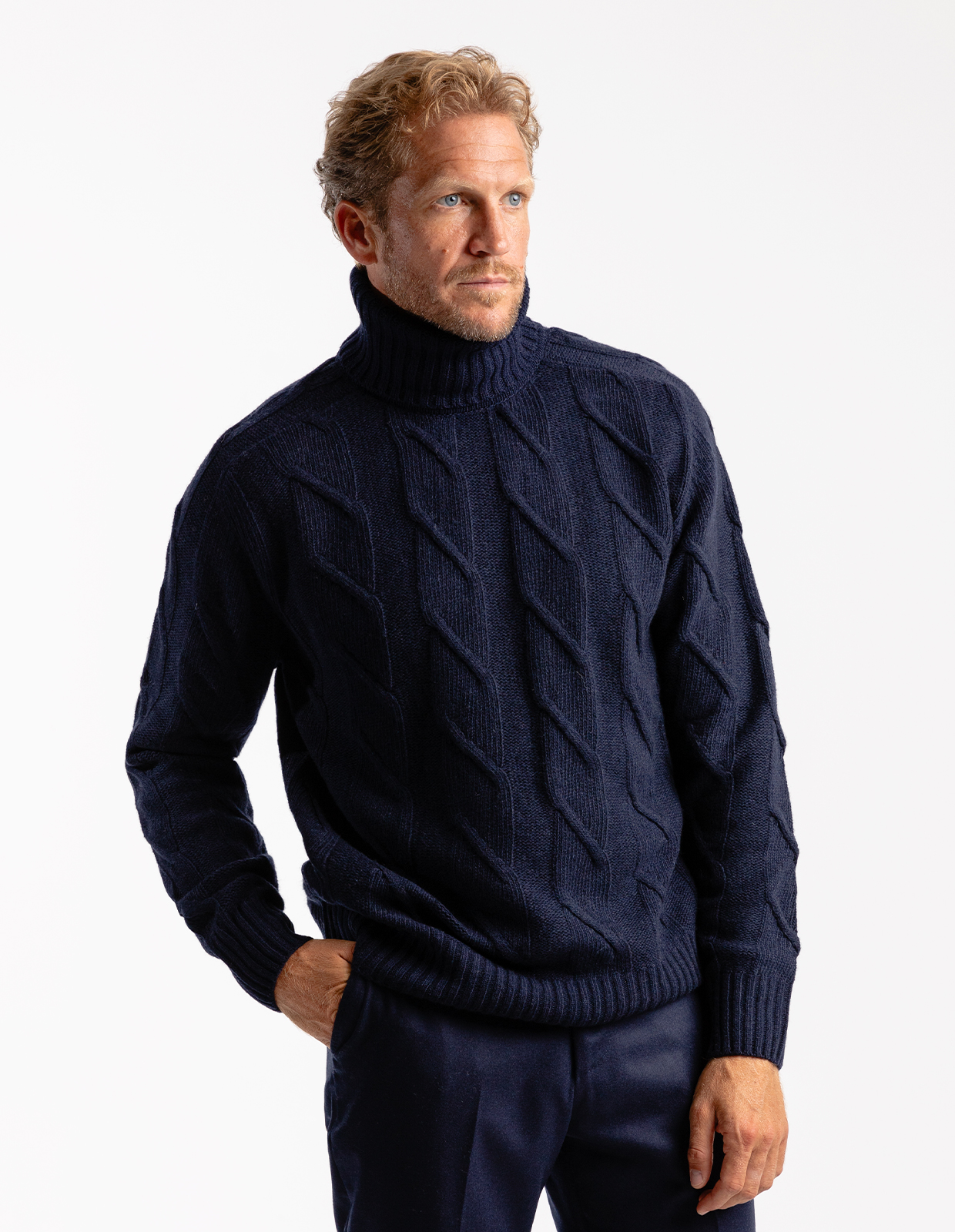 Polotröja Kabelstickad Ull Navy