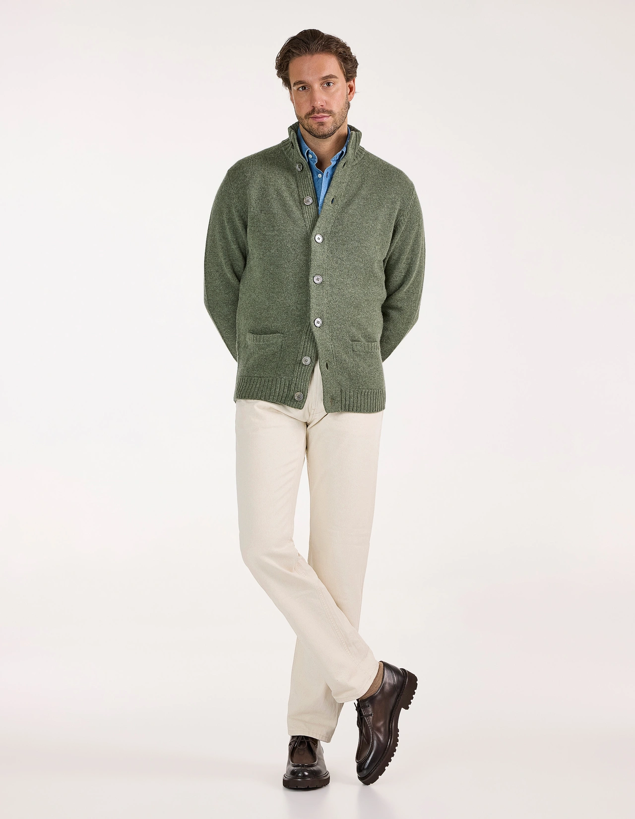 Landford Cardigan Lammull Olivgrön