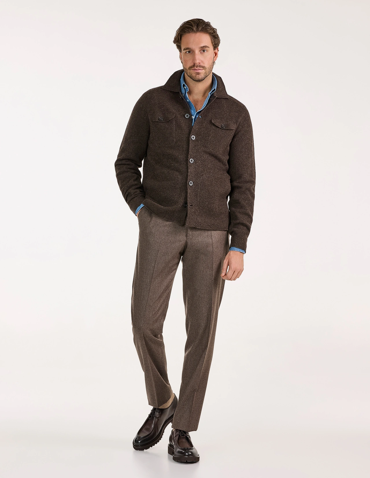 Ferndale Stickad Overshirt Ull Mörkbrun