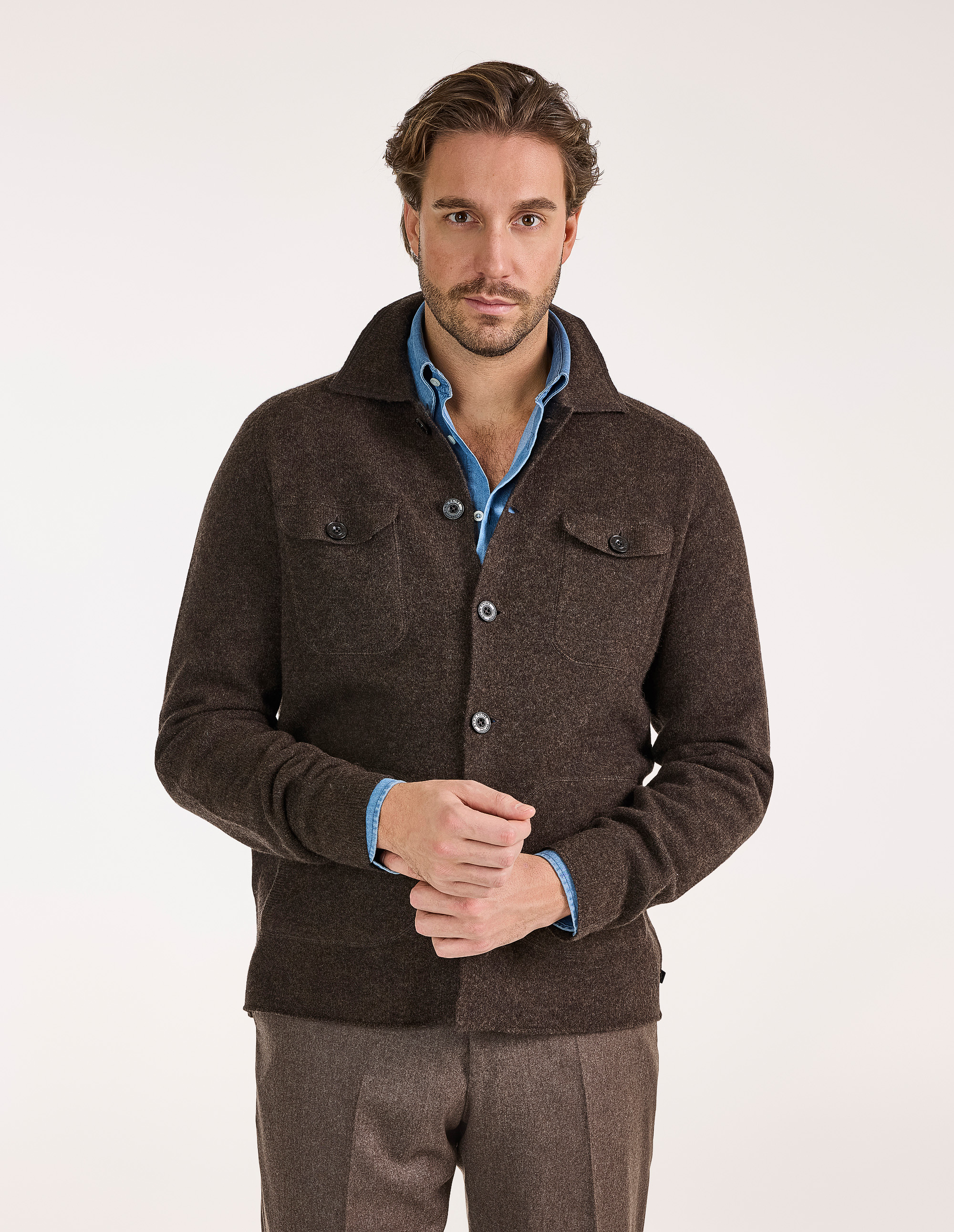 Ferndale Stickad Overshirt Ull Mörkbrun